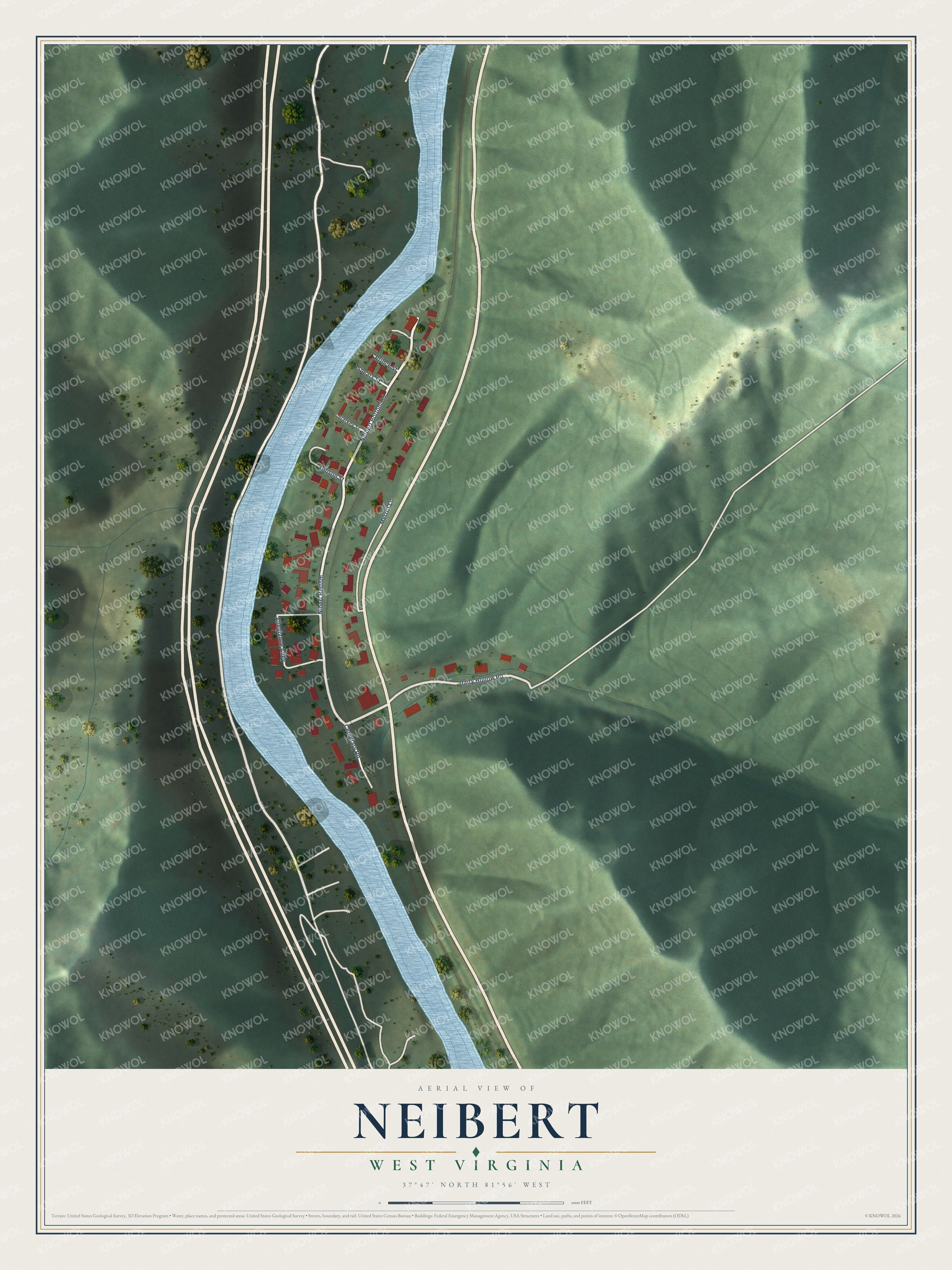 Full map of Neibert, West Virginia, with red buildings, printed street names and the land around them