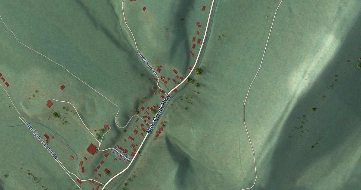 Close-up of streets and buildings in New Creek, West Virginia