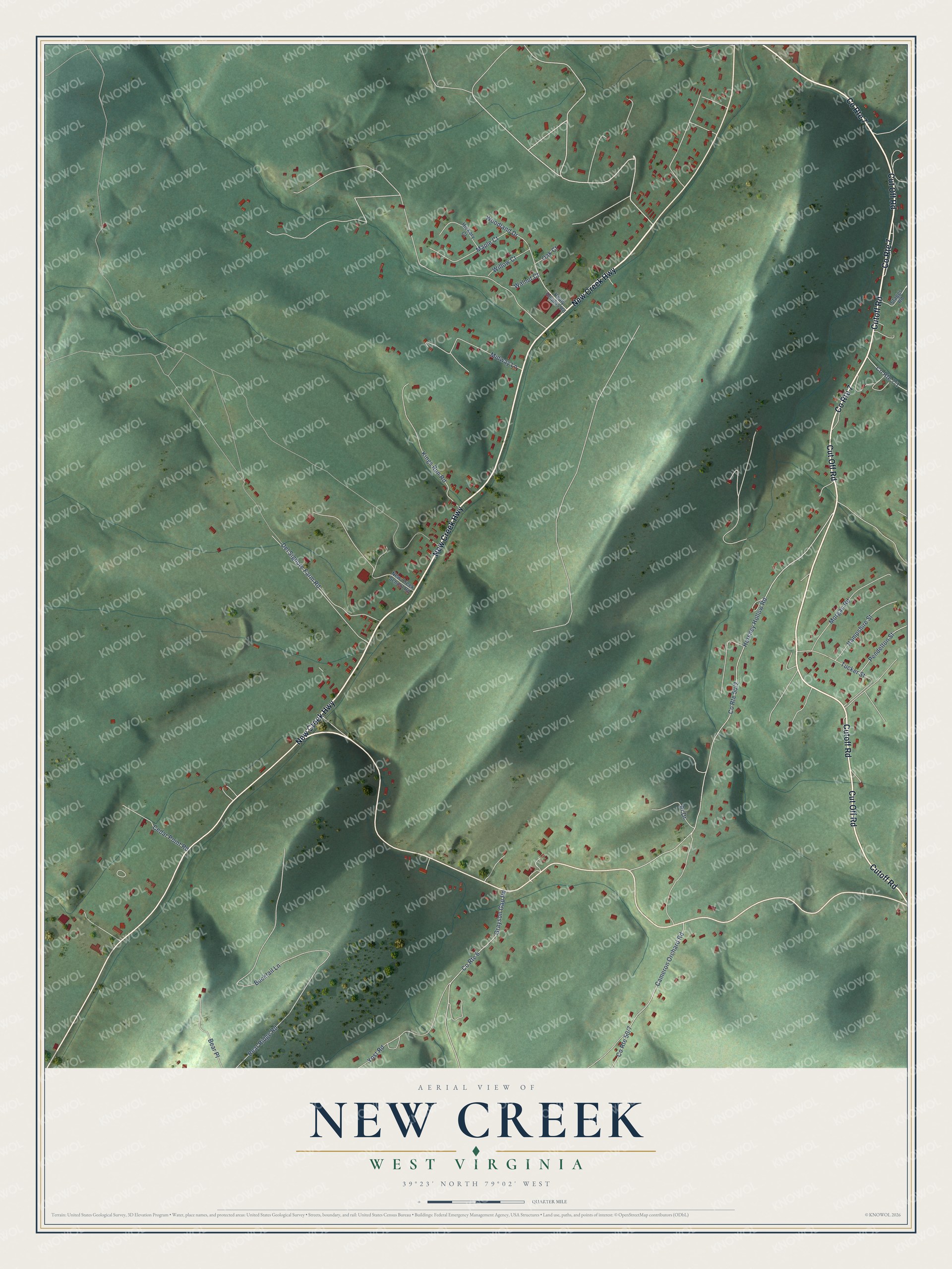 Full map of New Creek, West Virginia, with red buildings, printed street names and the land around them