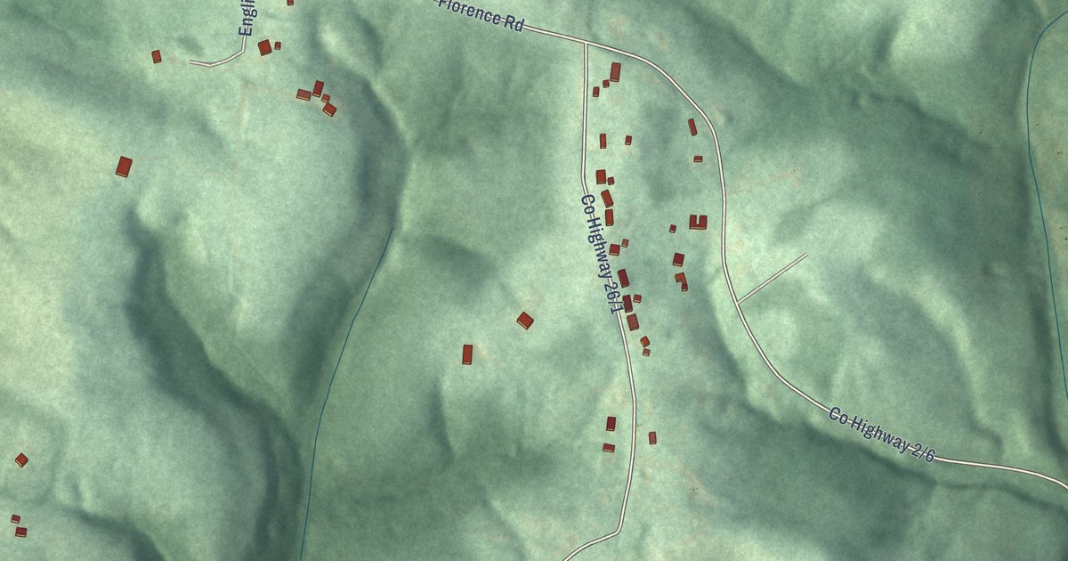 Close-up of streets and buildings in New Manchester, West Virginia