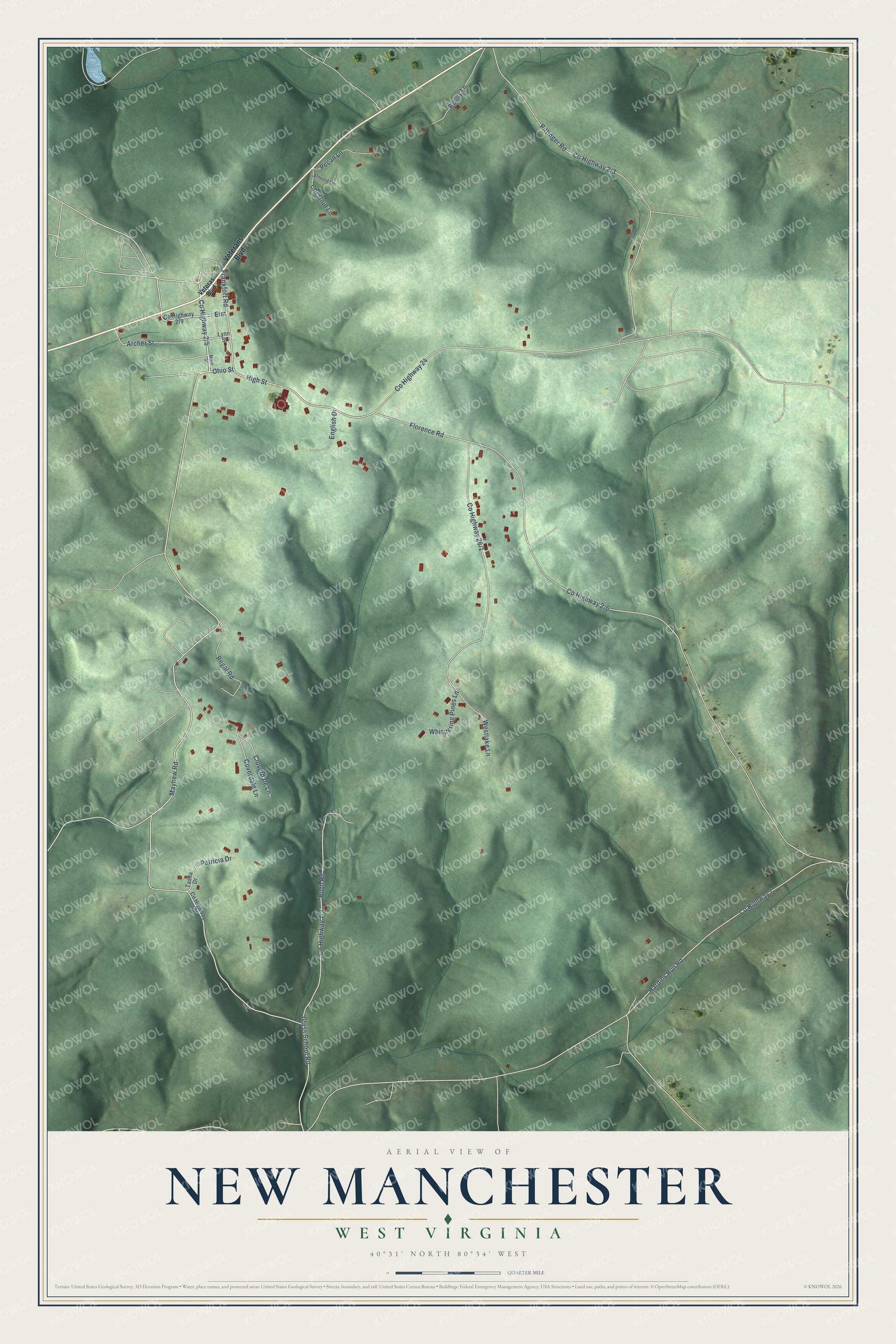 Full map of New Manchester, West Virginia, with red buildings, printed street names and the land around them