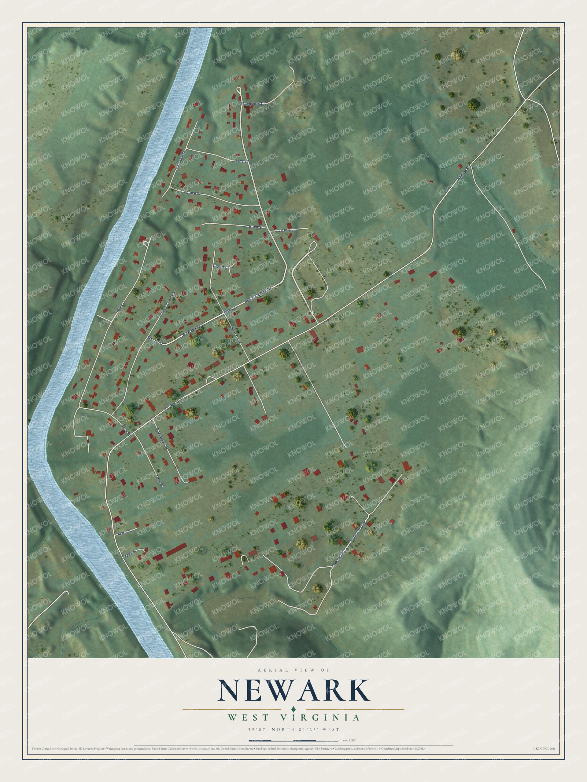 Full map of Newark, West Virginia, with red buildings, printed street names and the land around them