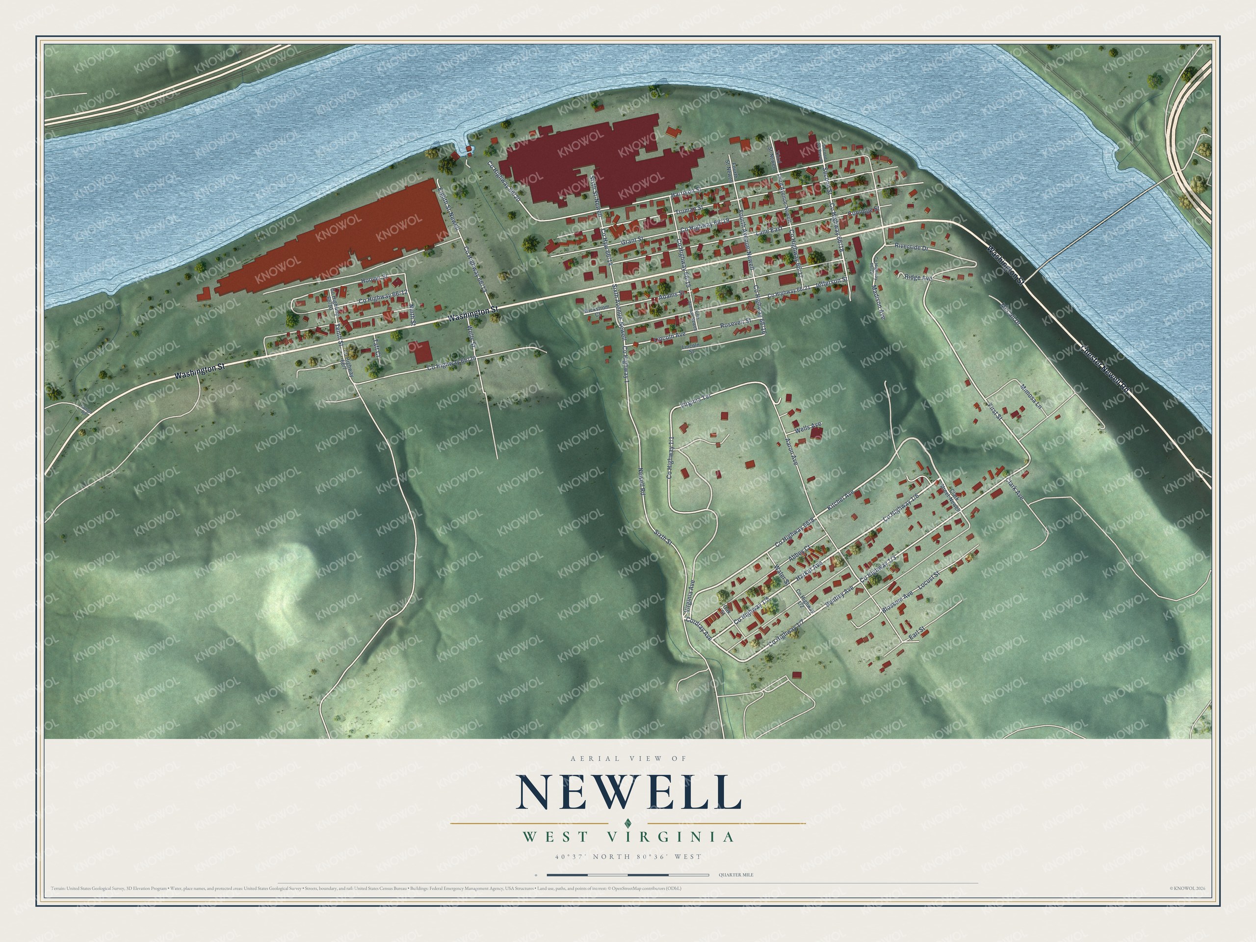 Full map of Newell, West Virginia, with red buildings, printed street names and the land around them