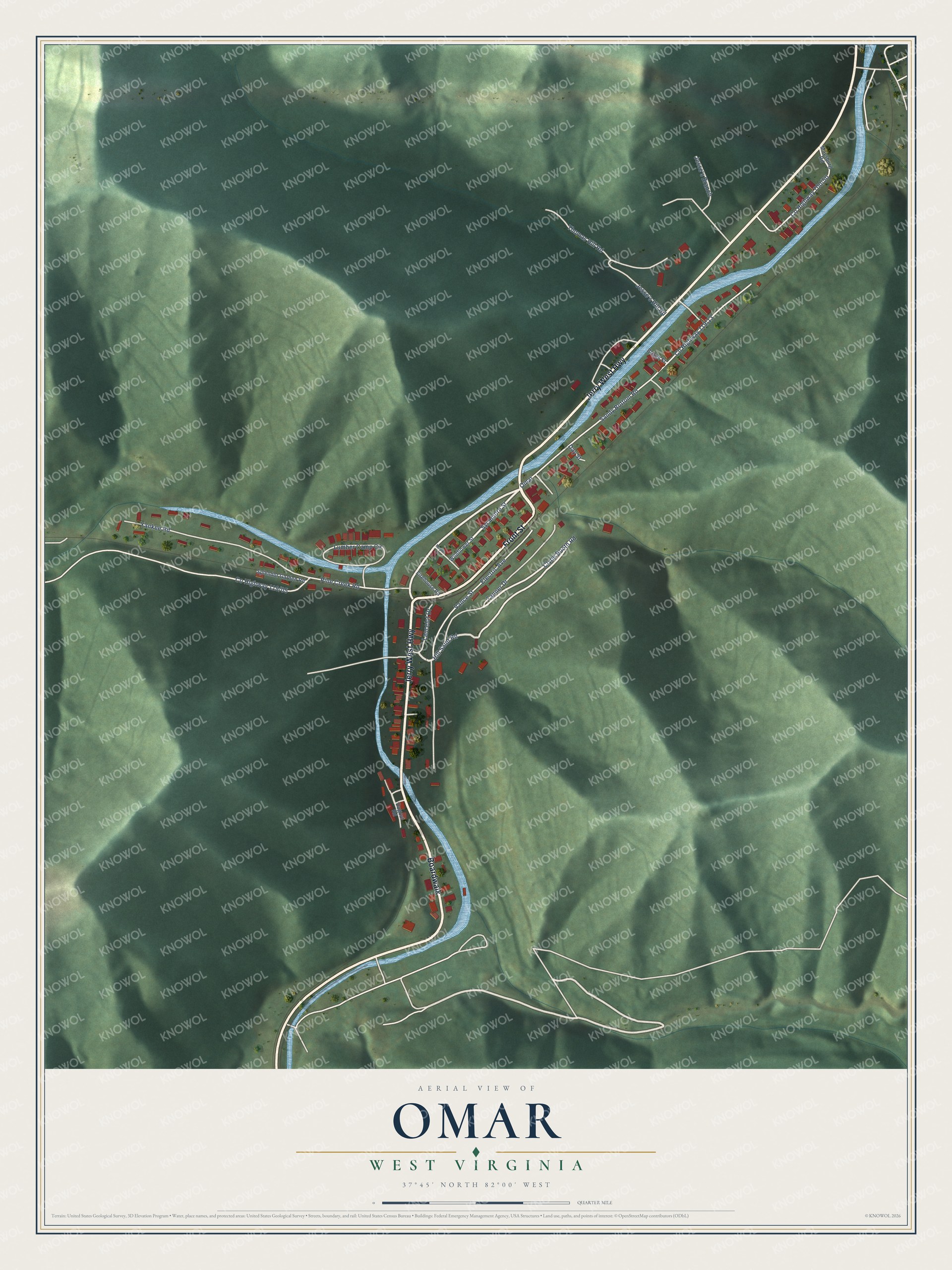 Full map of Omar, West Virginia, with red buildings, printed street names and the land around them