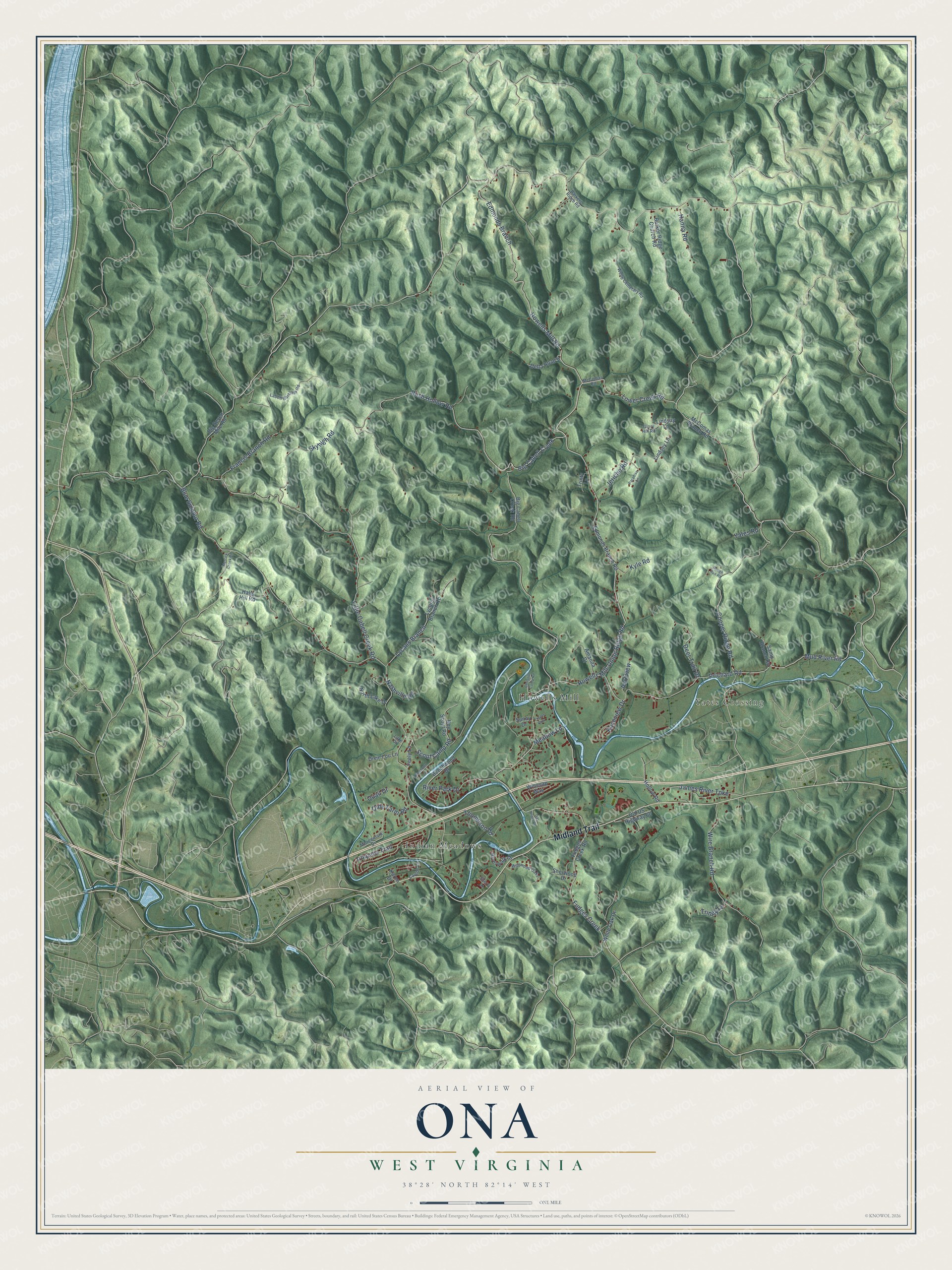Full map of Ona, West Virginia, with red buildings, printed street names and the land around them