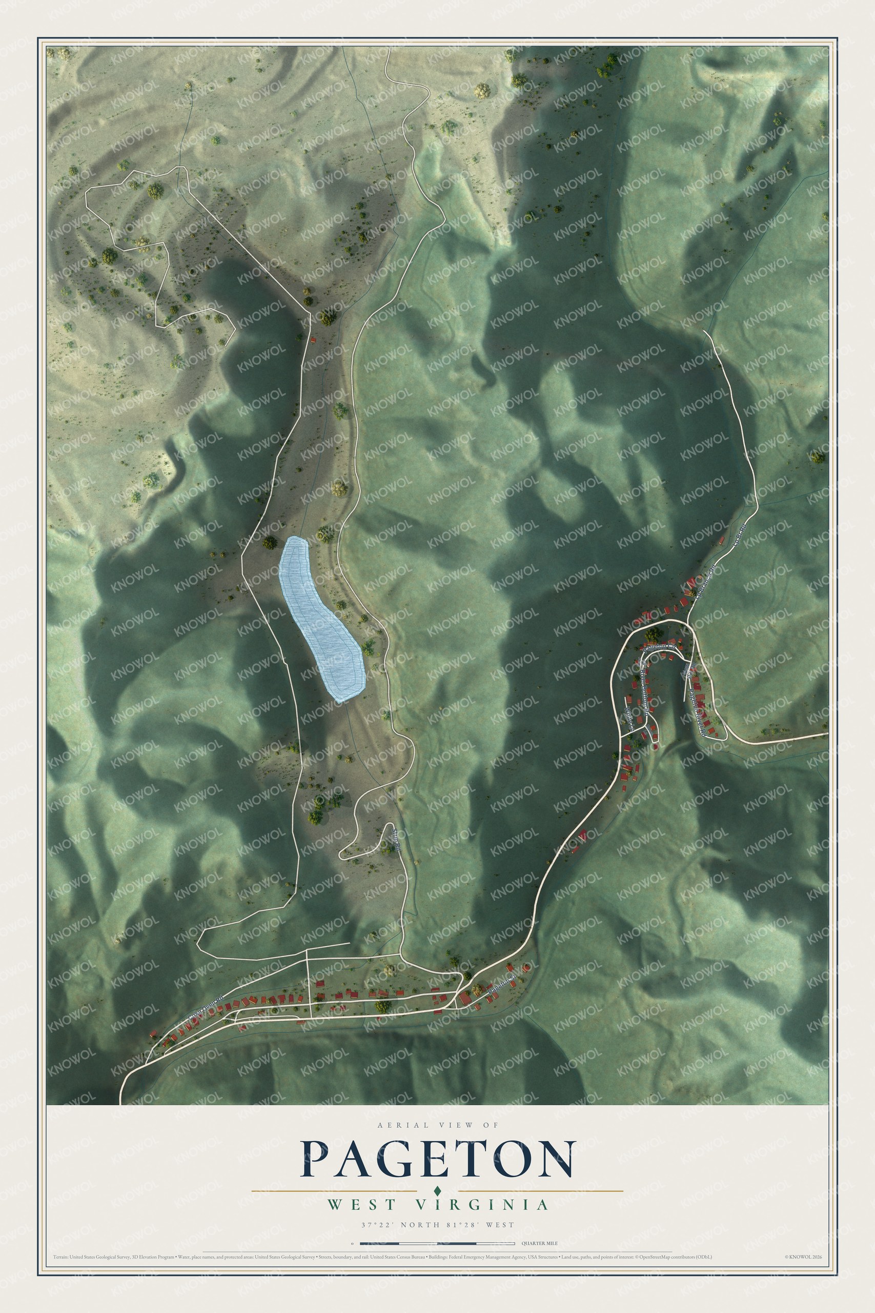 Full map of Pageton, West Virginia, with red buildings, printed street names and the land around them