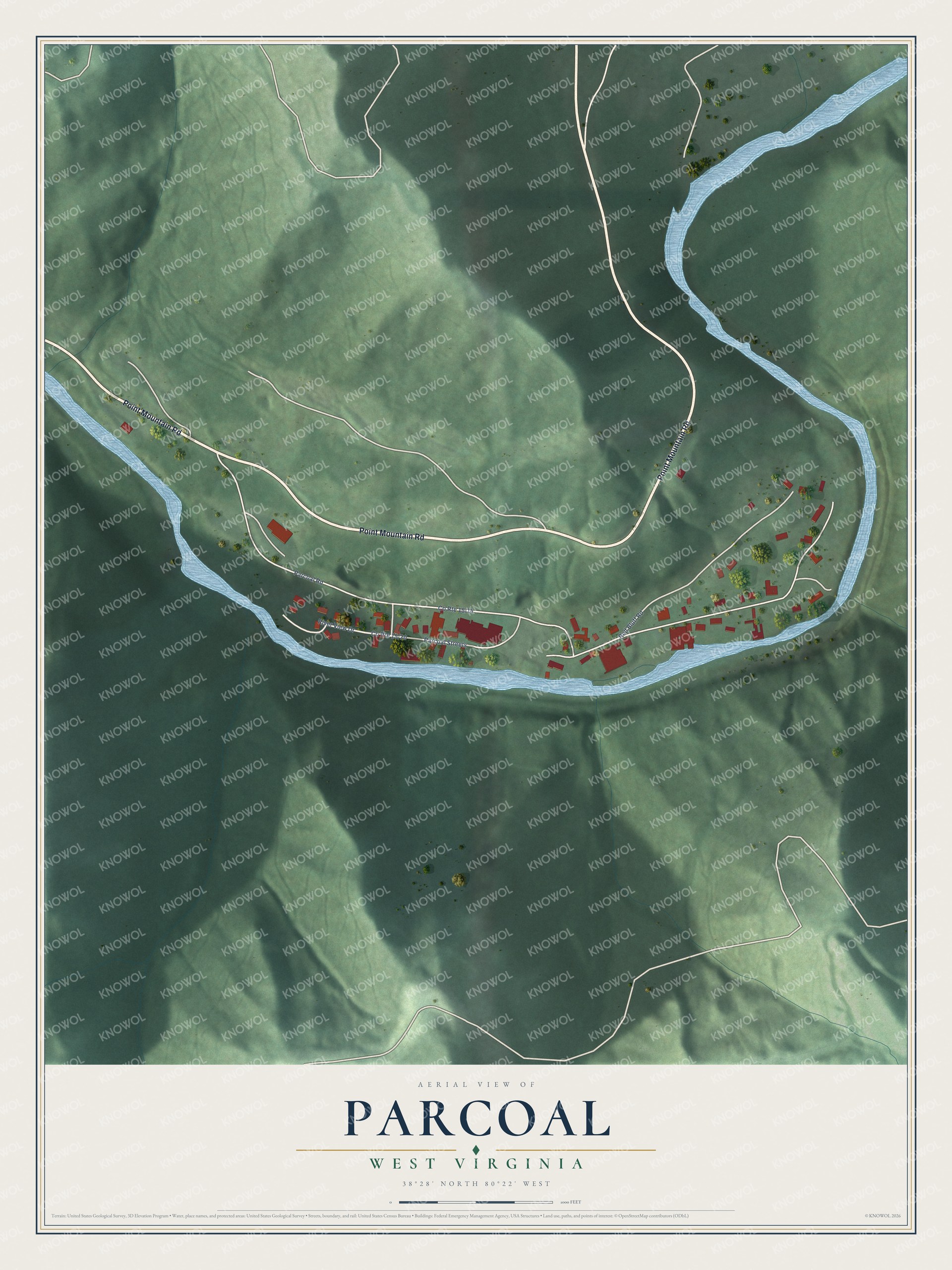 Full map of Parcoal, West Virginia, with red buildings, printed street names and the land around them