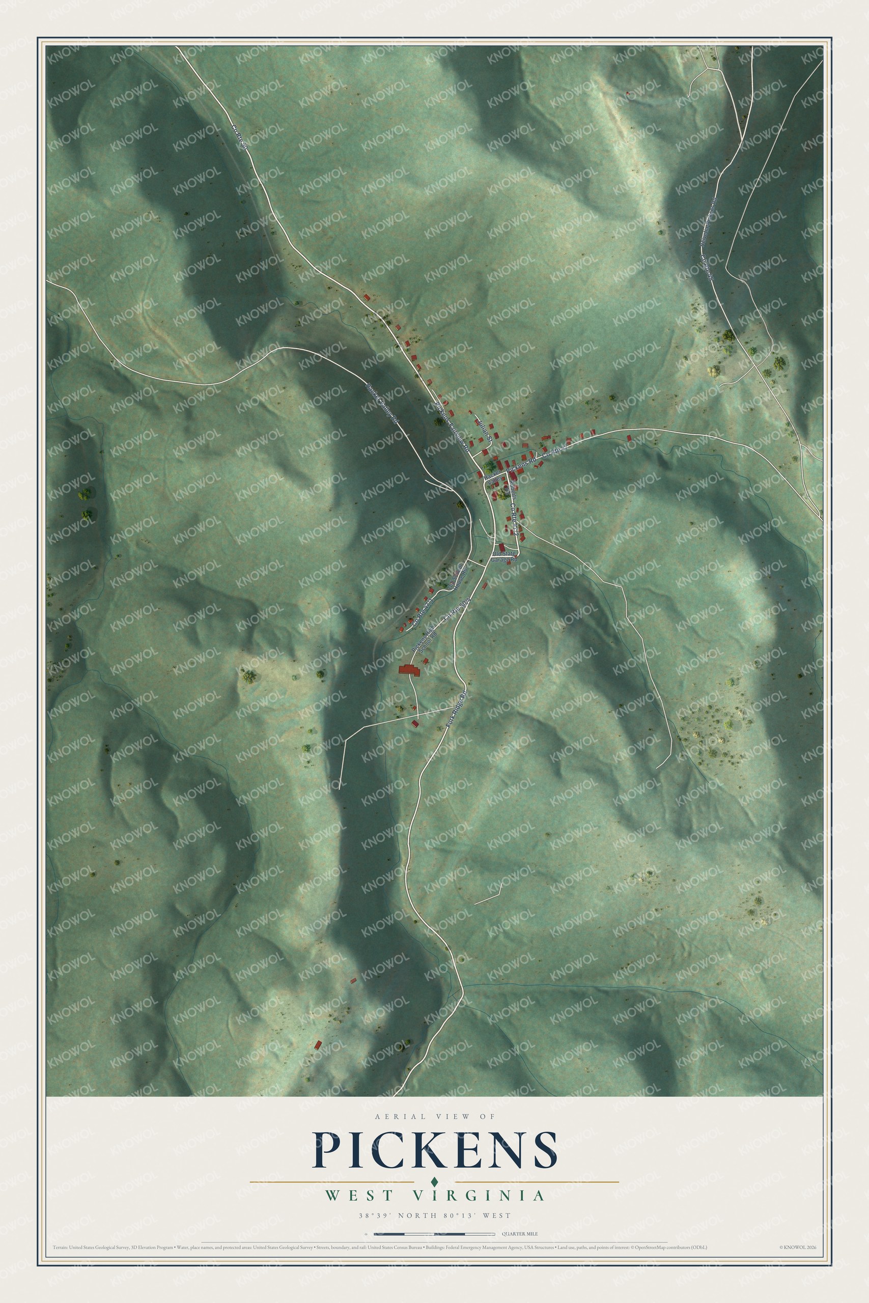 Full map of Pickens, West Virginia, with red buildings, printed street names and the land around them