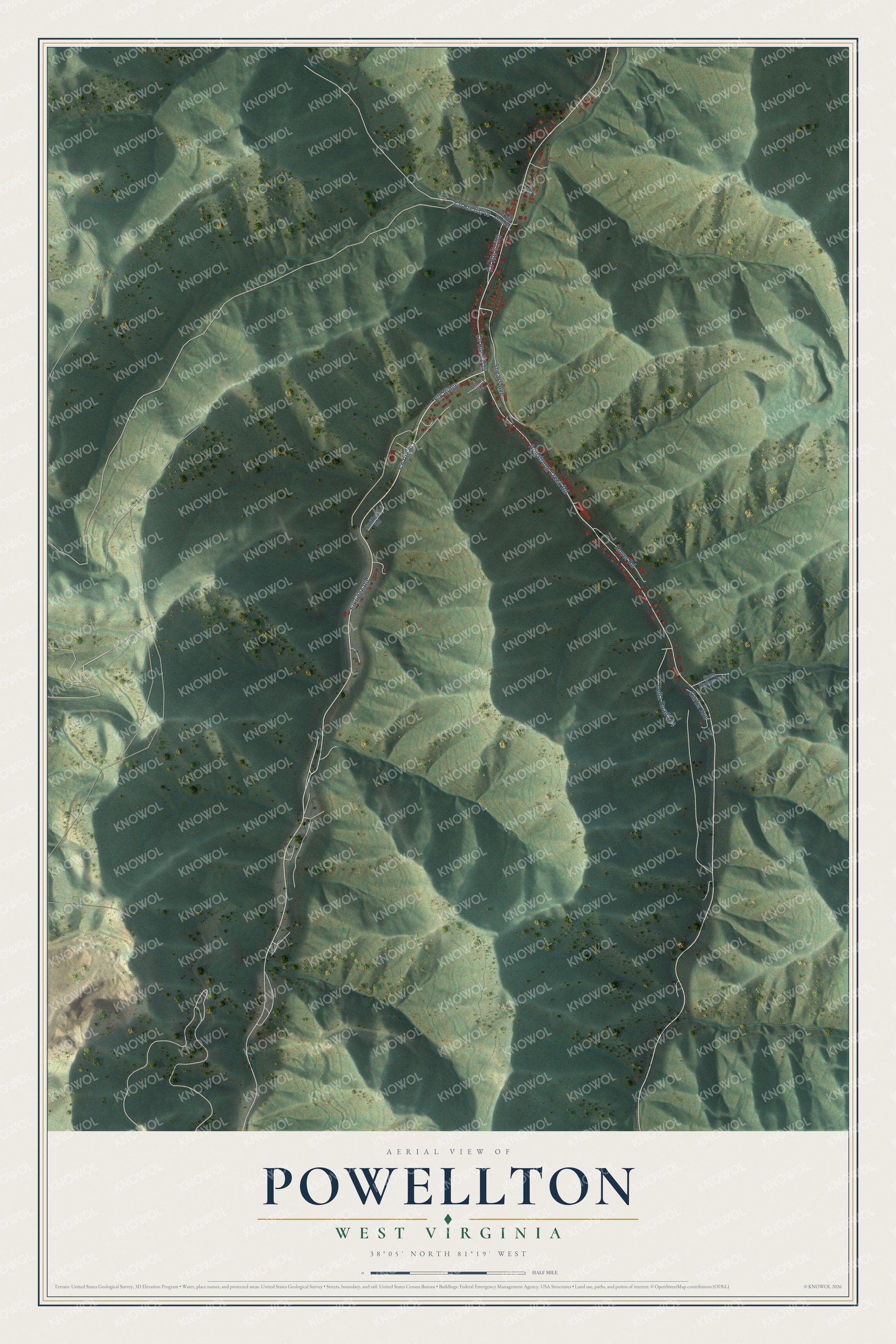 Full map of Powellton, West Virginia, with red buildings, printed street names and the land around them