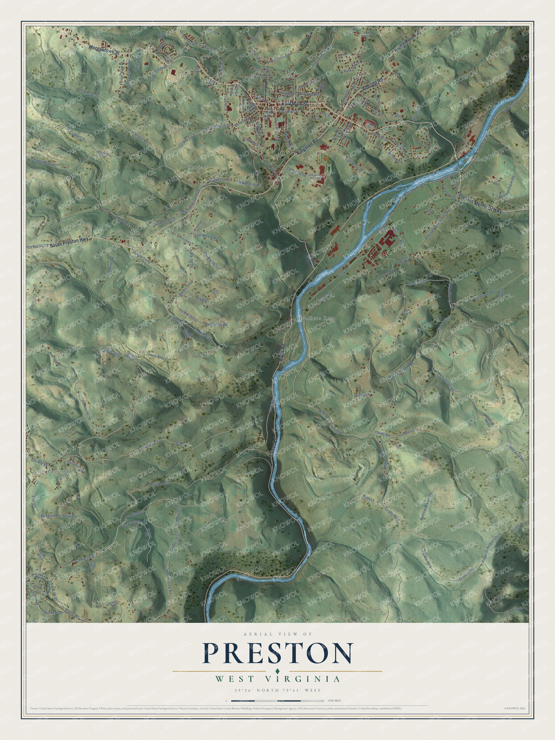 Full map of Preston, West Virginia, with red buildings, printed street names and the land around them