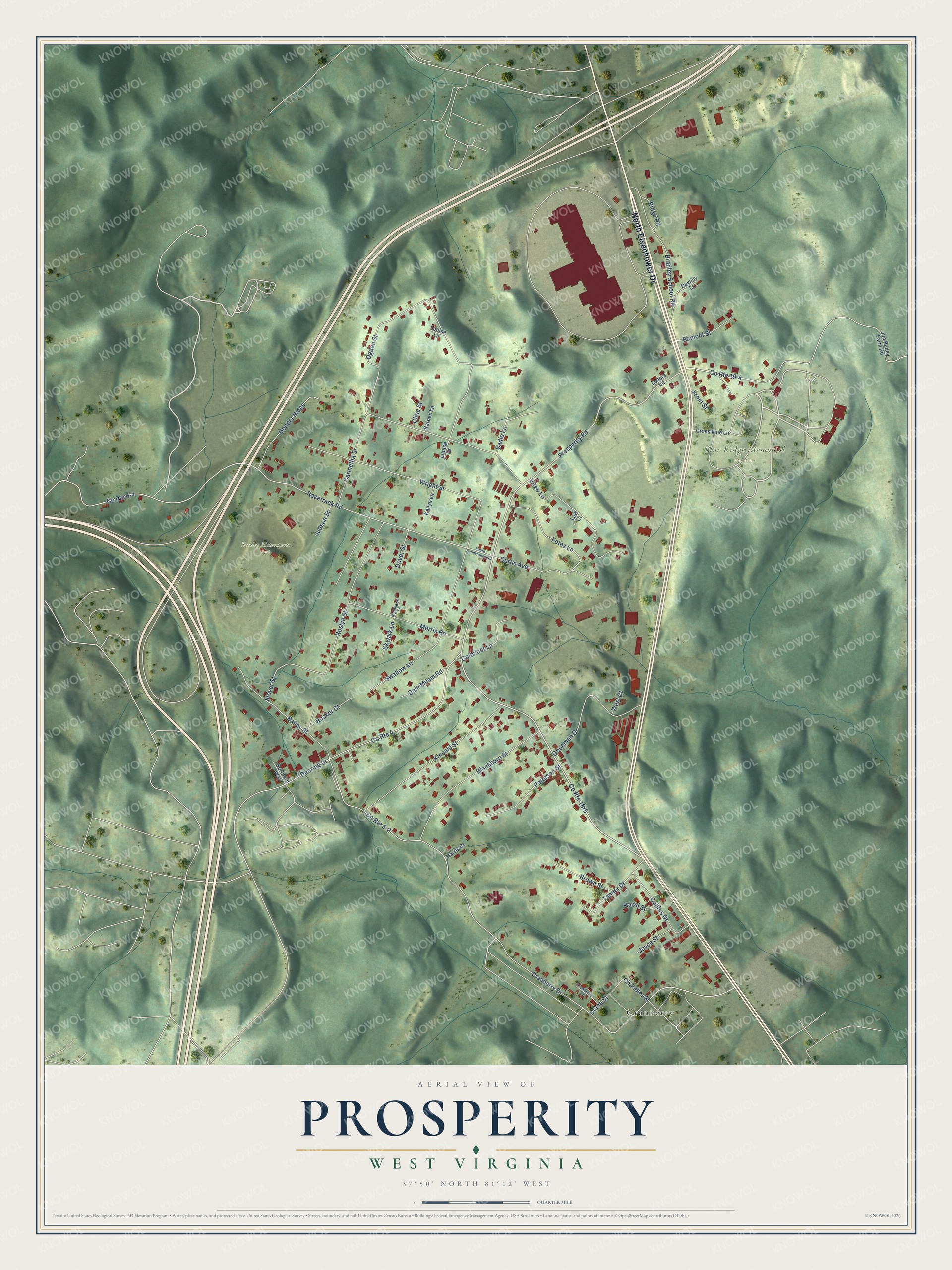 Full map of Prosperity, West Virginia, with red buildings, printed street names and the land around them