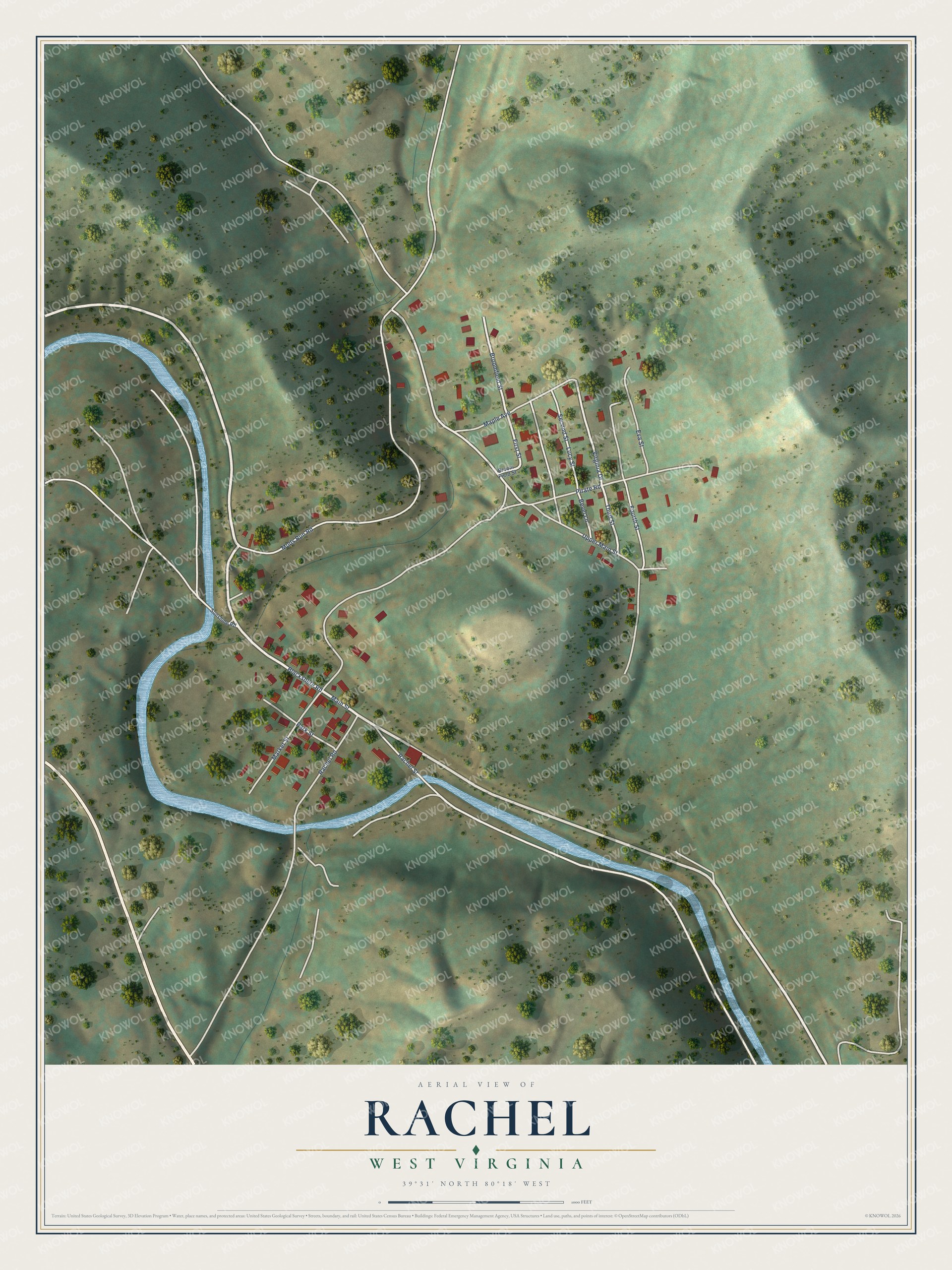 Full map of Rachel, West Virginia, with red buildings, printed street names and the land around them