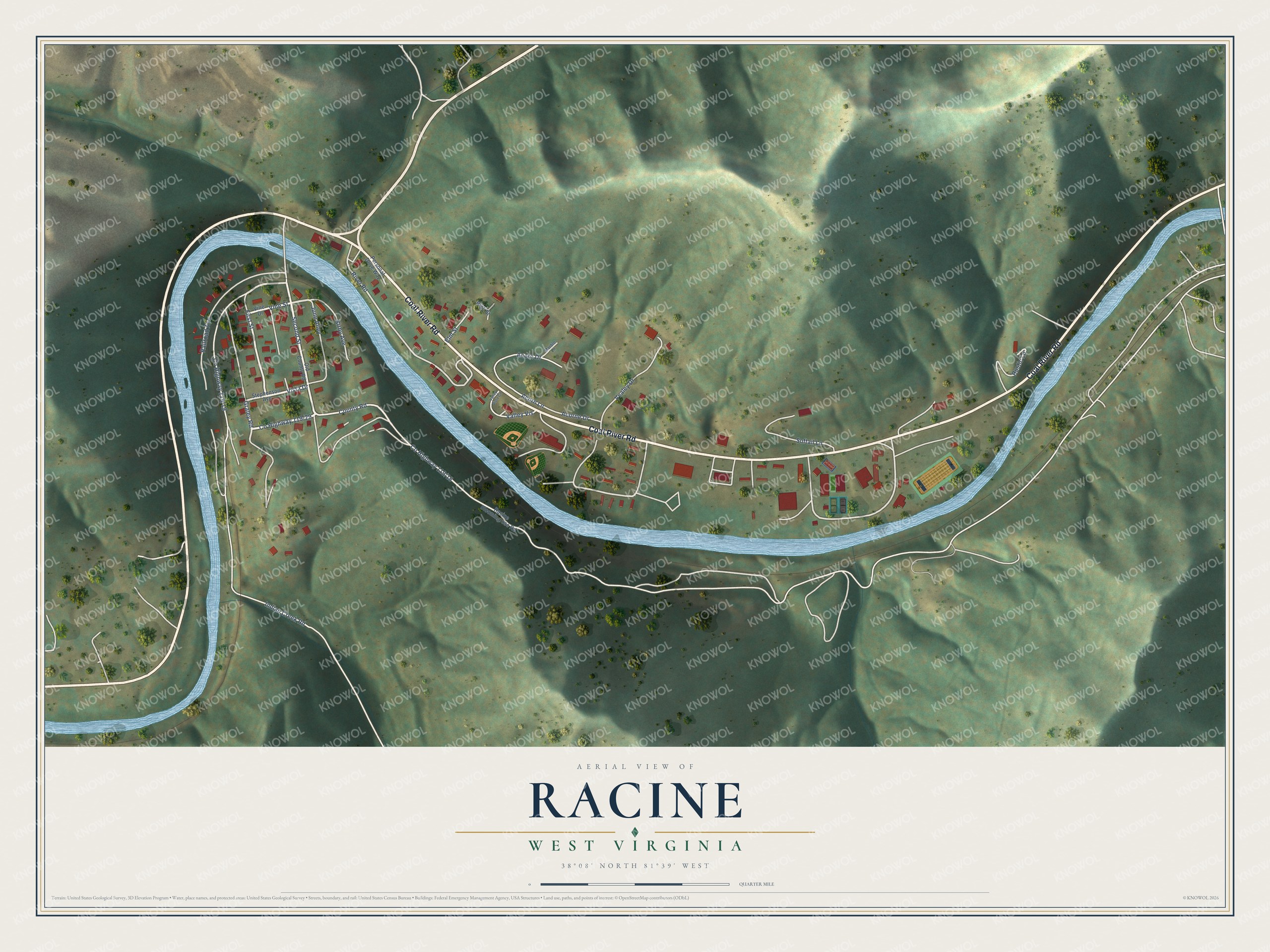 Full map of Racine, West Virginia, with red buildings, printed street names and the land around them
