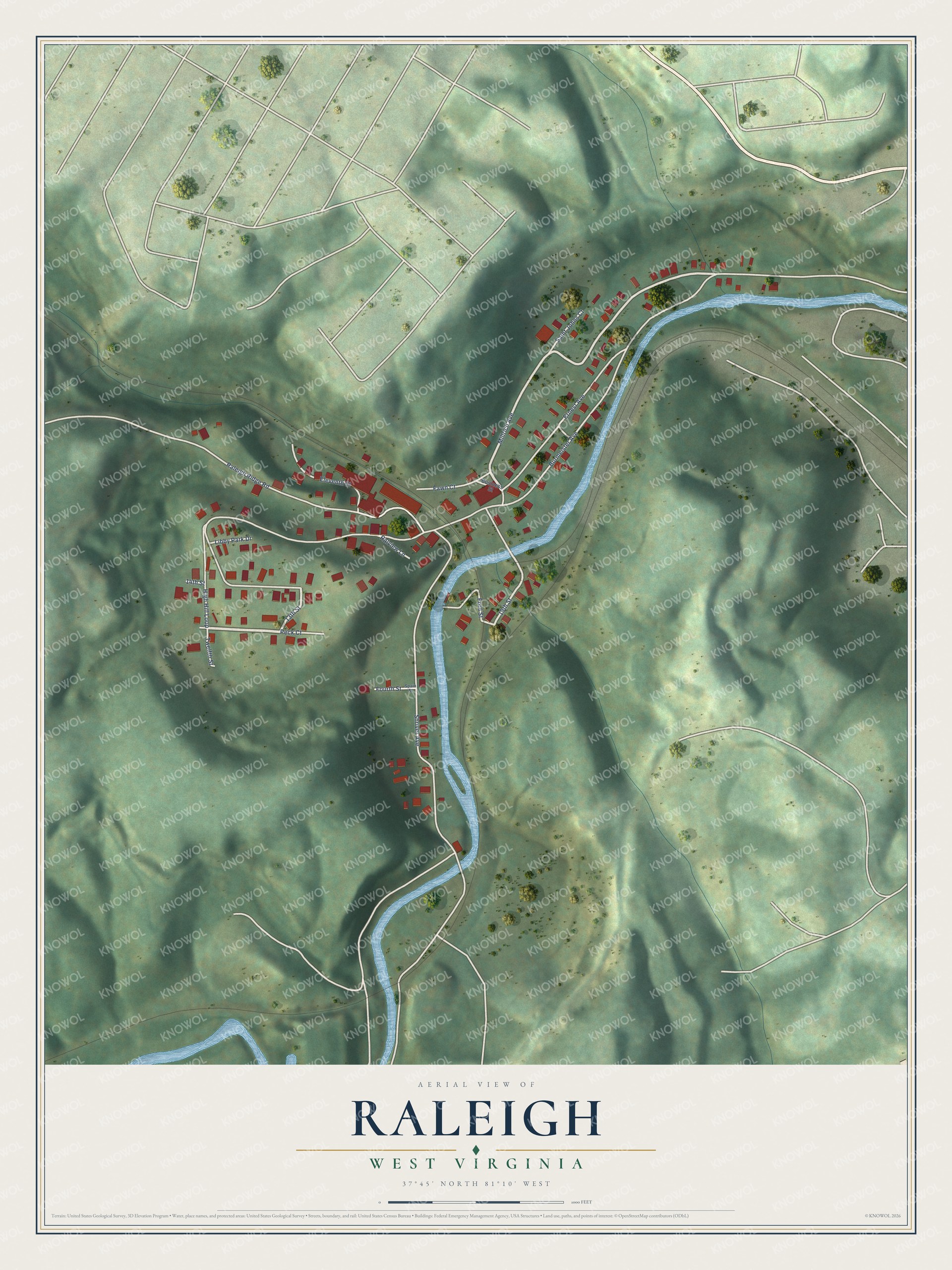Full map of Raleigh, West Virginia, with red buildings, printed street names and the land around them