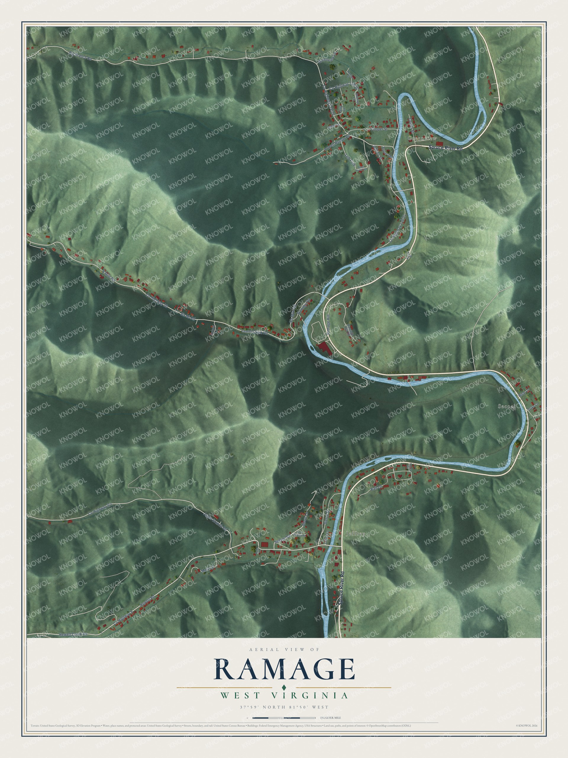 Full map of Ramage, West Virginia, with red buildings, printed street names and the land around them
