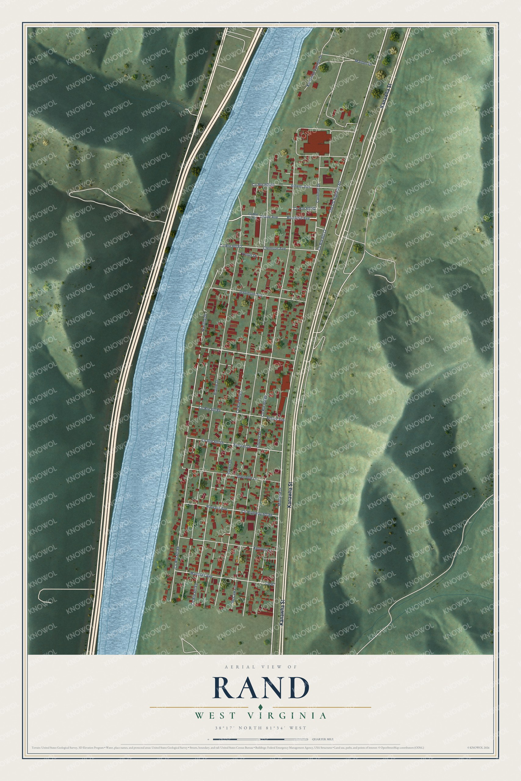 Full map of Rand, West Virginia, with red buildings, printed street names and the land around them