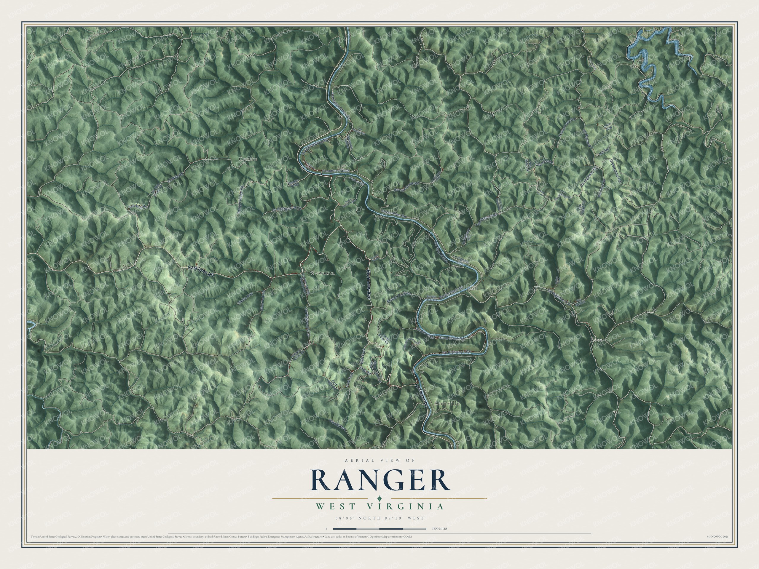Full map of Ranger, West Virginia, with red buildings, printed street names and the land around them
