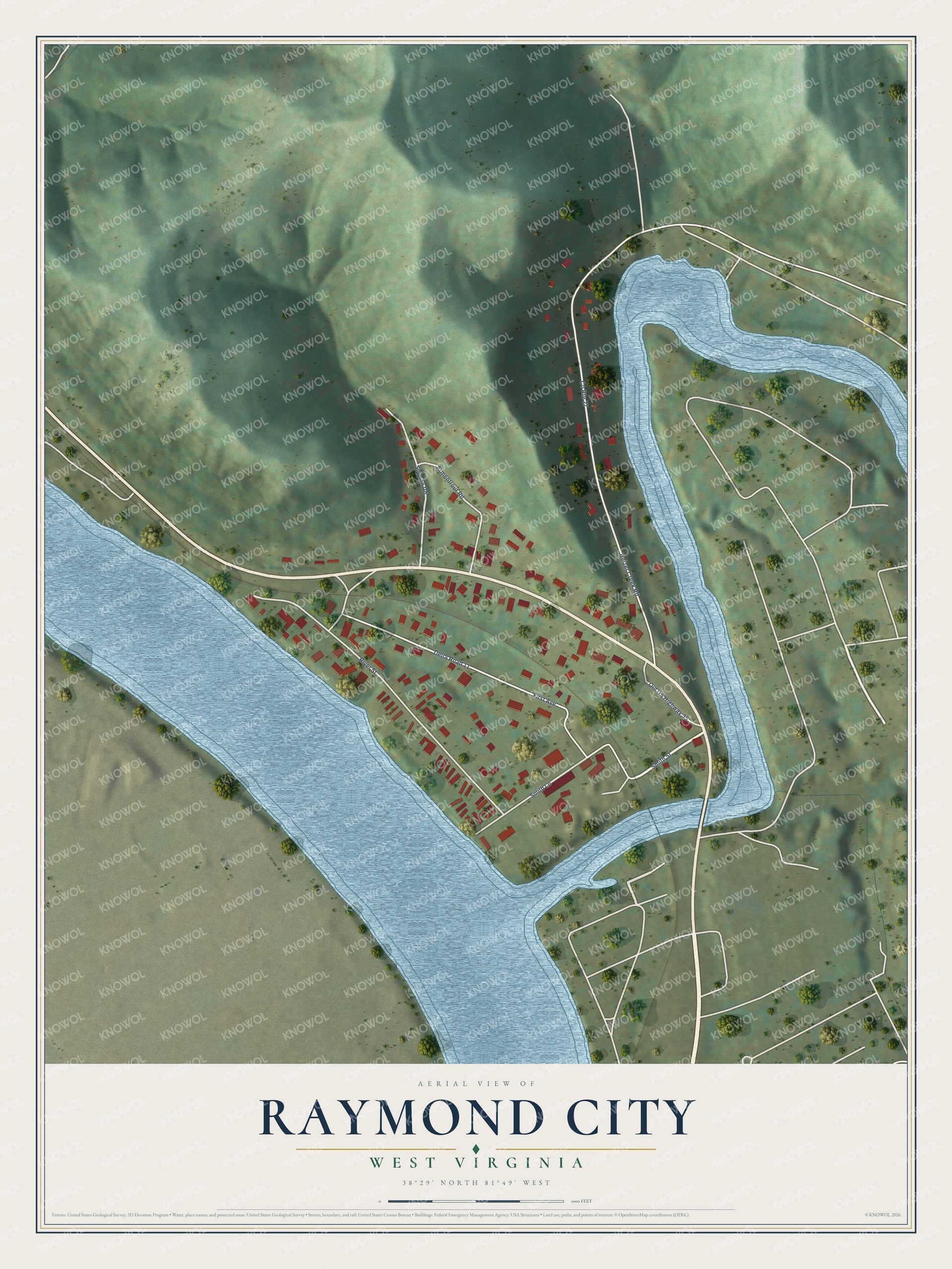 Full map of Raymond City, West Virginia, with red buildings, printed street names and the land around them