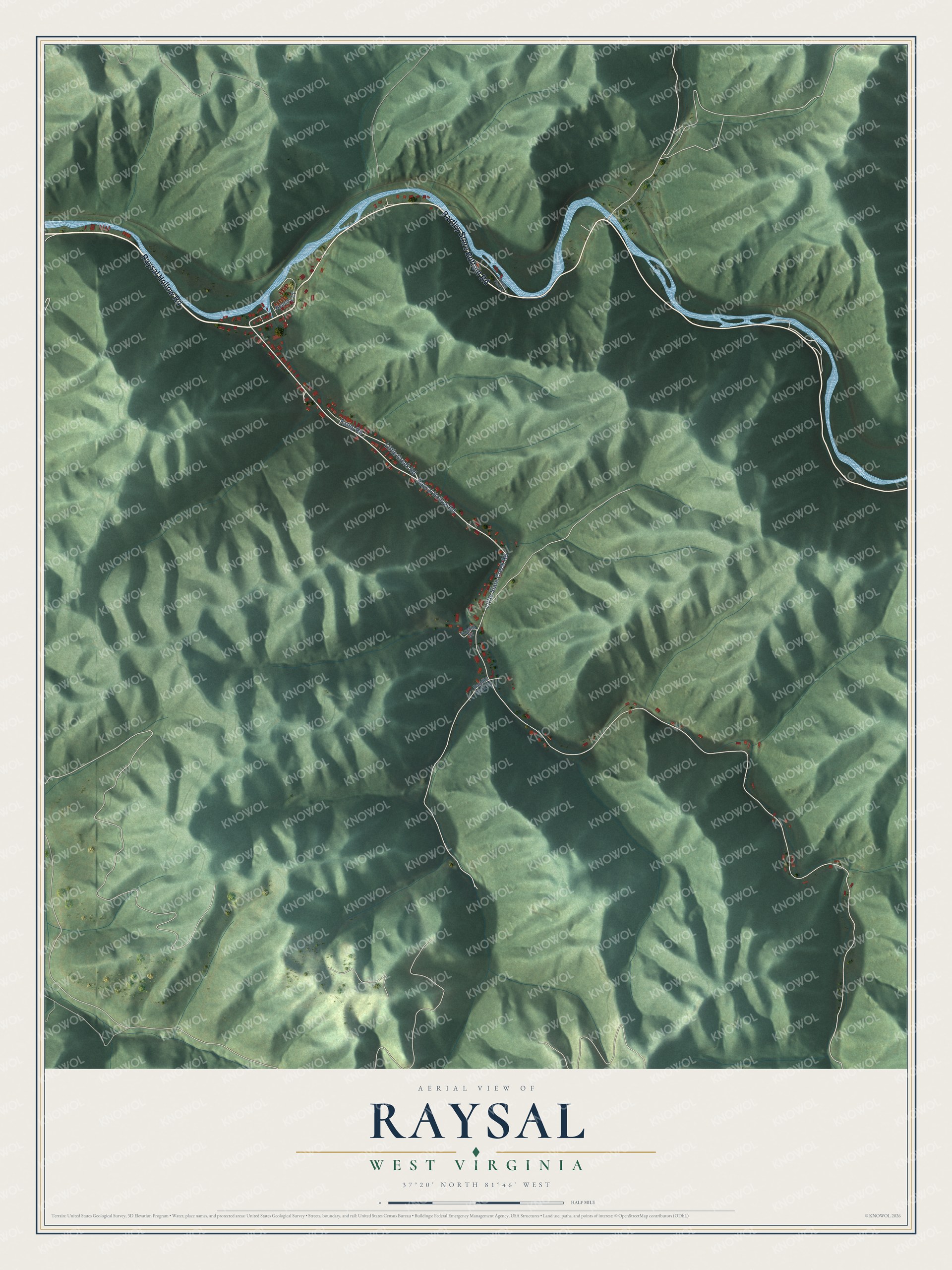 Full map of Raysal, West Virginia, with red buildings, printed street names and the land around them