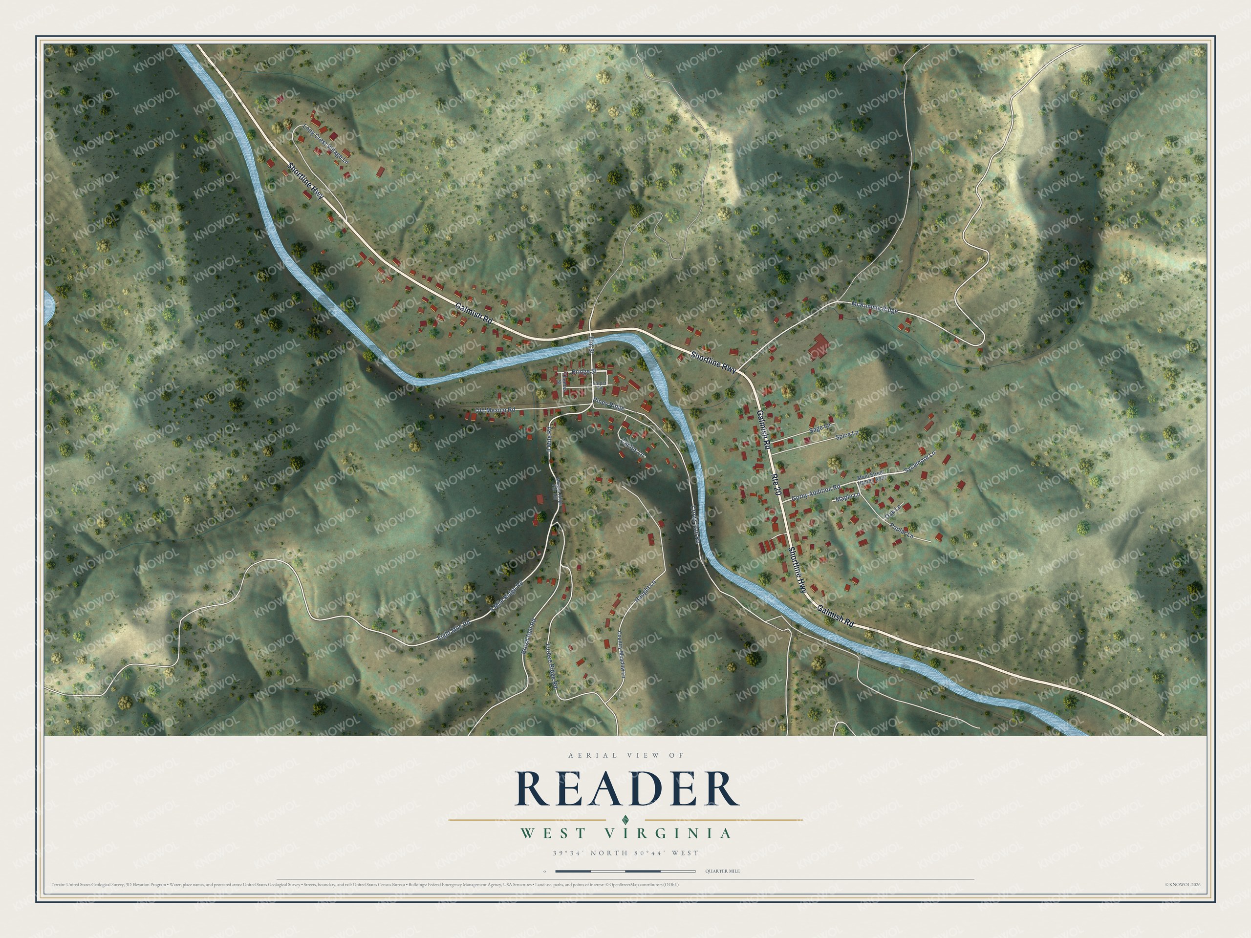 Full map of Reader, West Virginia, with red buildings, printed street names and the land around them