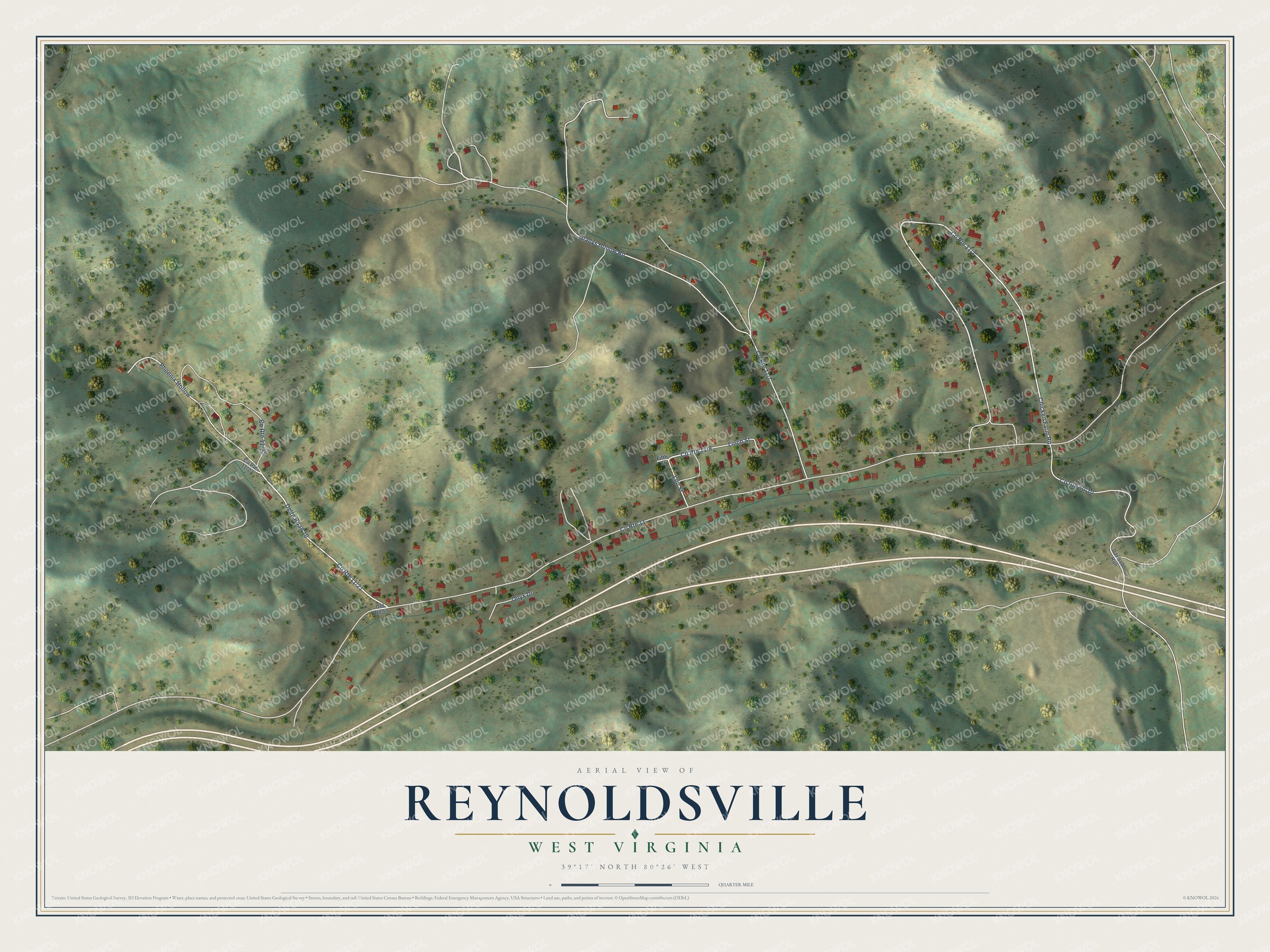 Full map of Reynoldsville, West Virginia, with red buildings, printed street names and the land around them