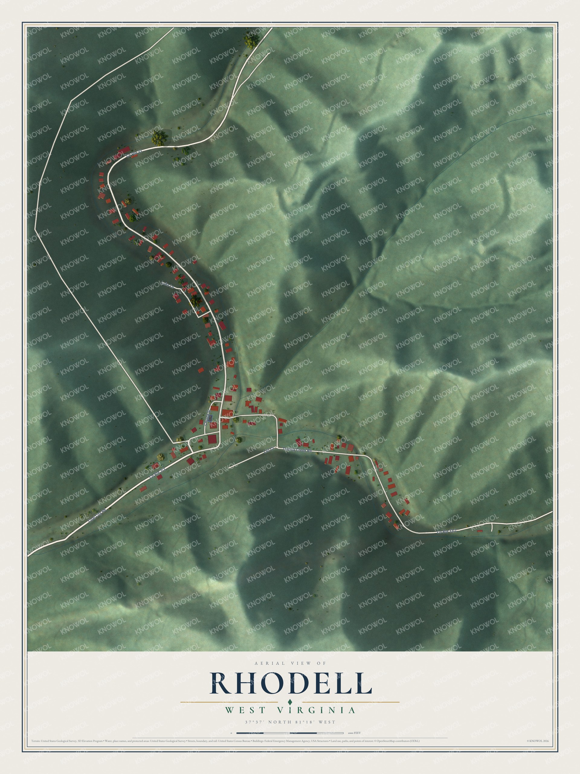 Full map of Rhodell, West Virginia, with red buildings, printed street names and the land around them