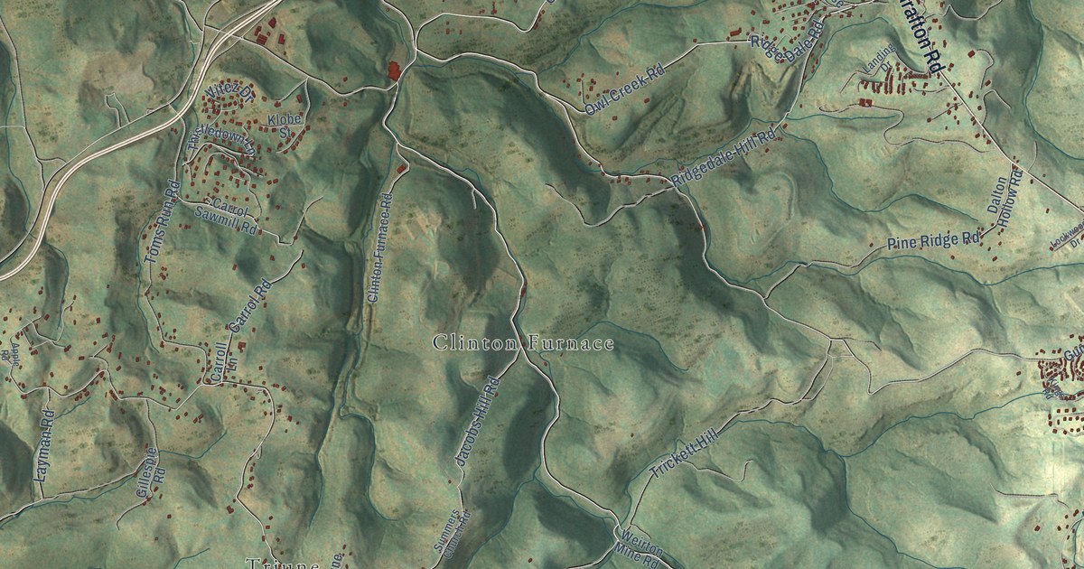 Close-up of streets and buildings in Ridgedale, West Virginia