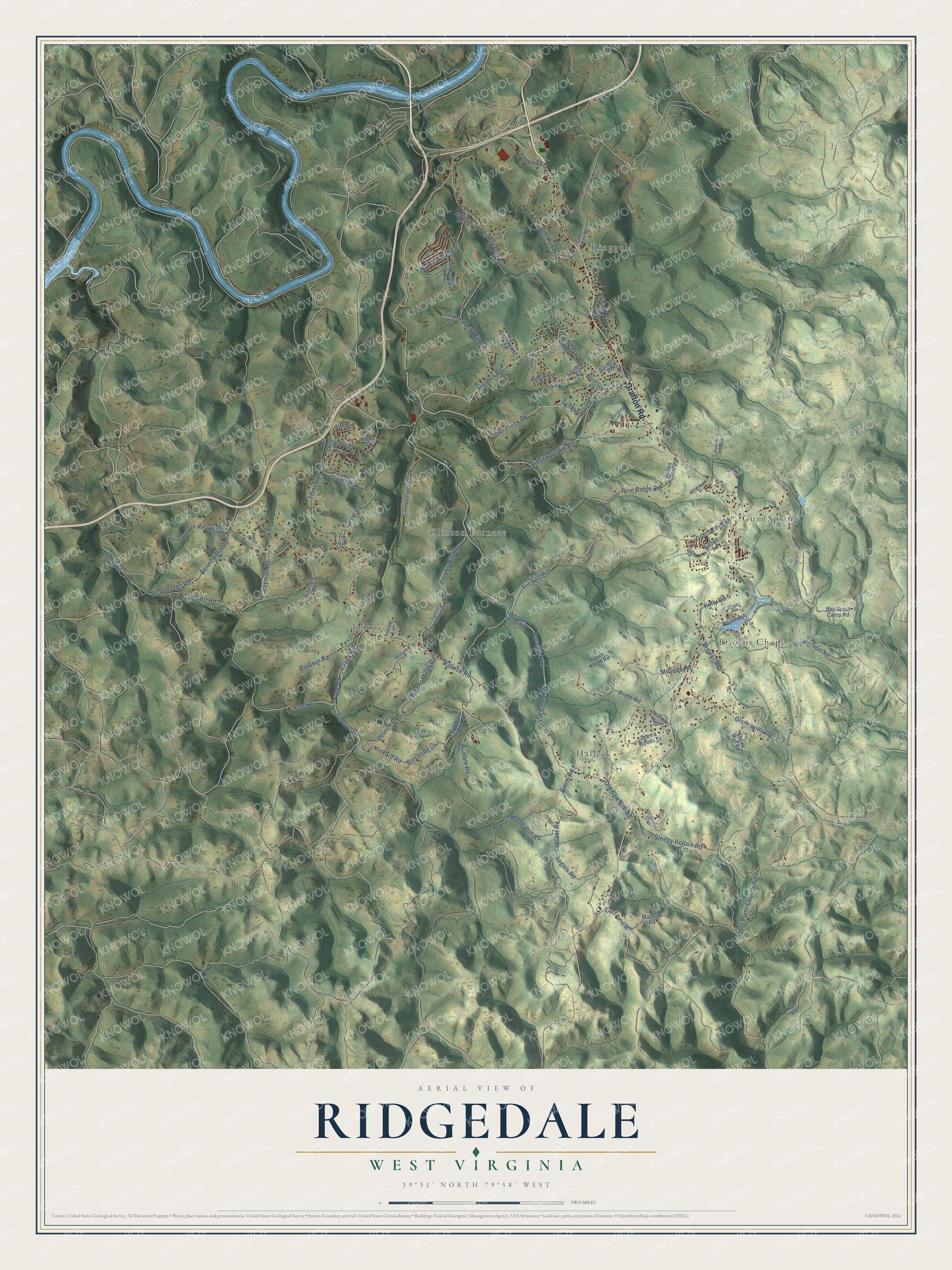 Full map of Ridgedale, West Virginia, with red buildings, printed street names and the land around them