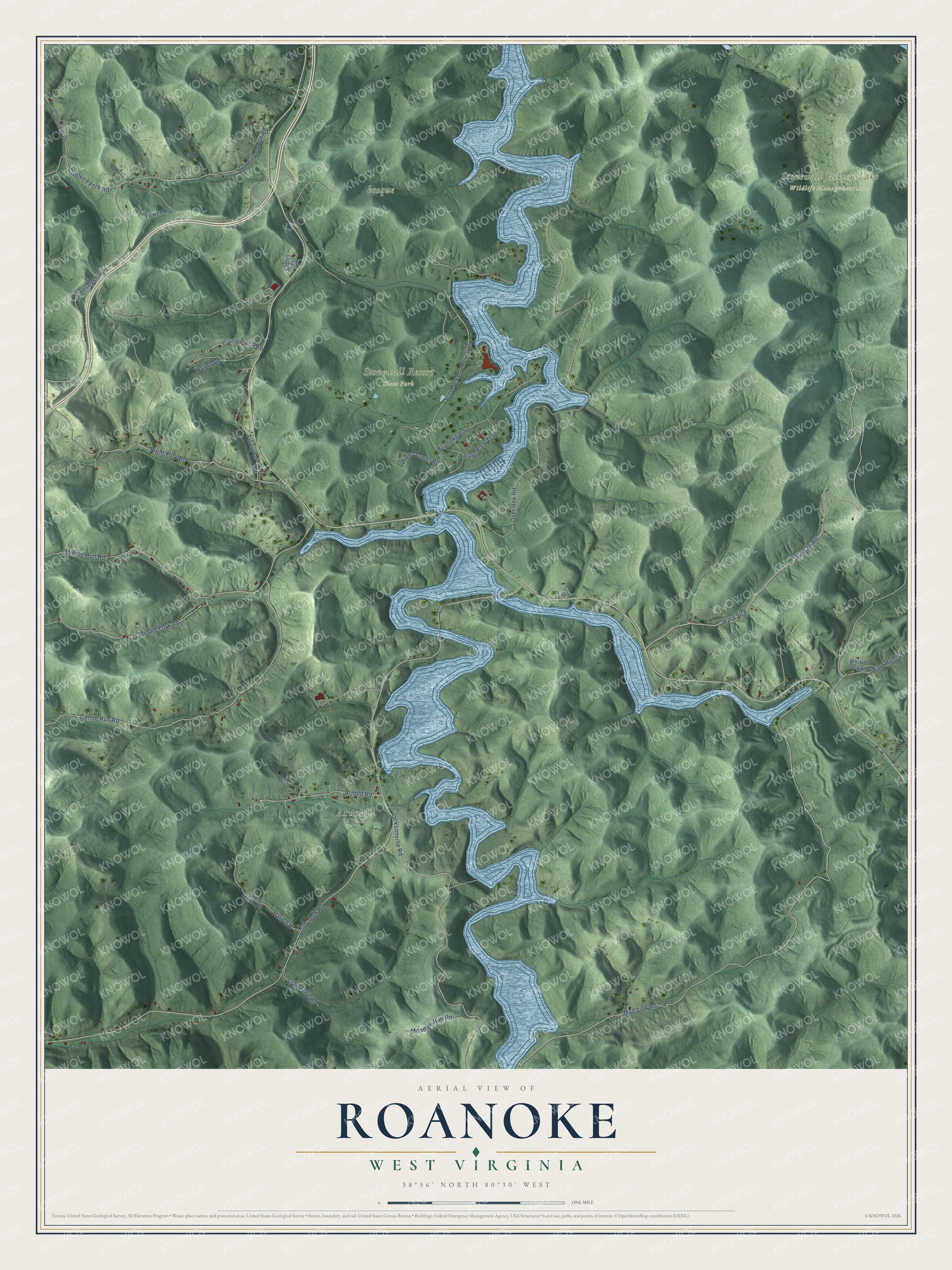 Full map of Roanoke, West Virginia, with red buildings, printed street names and the land around them