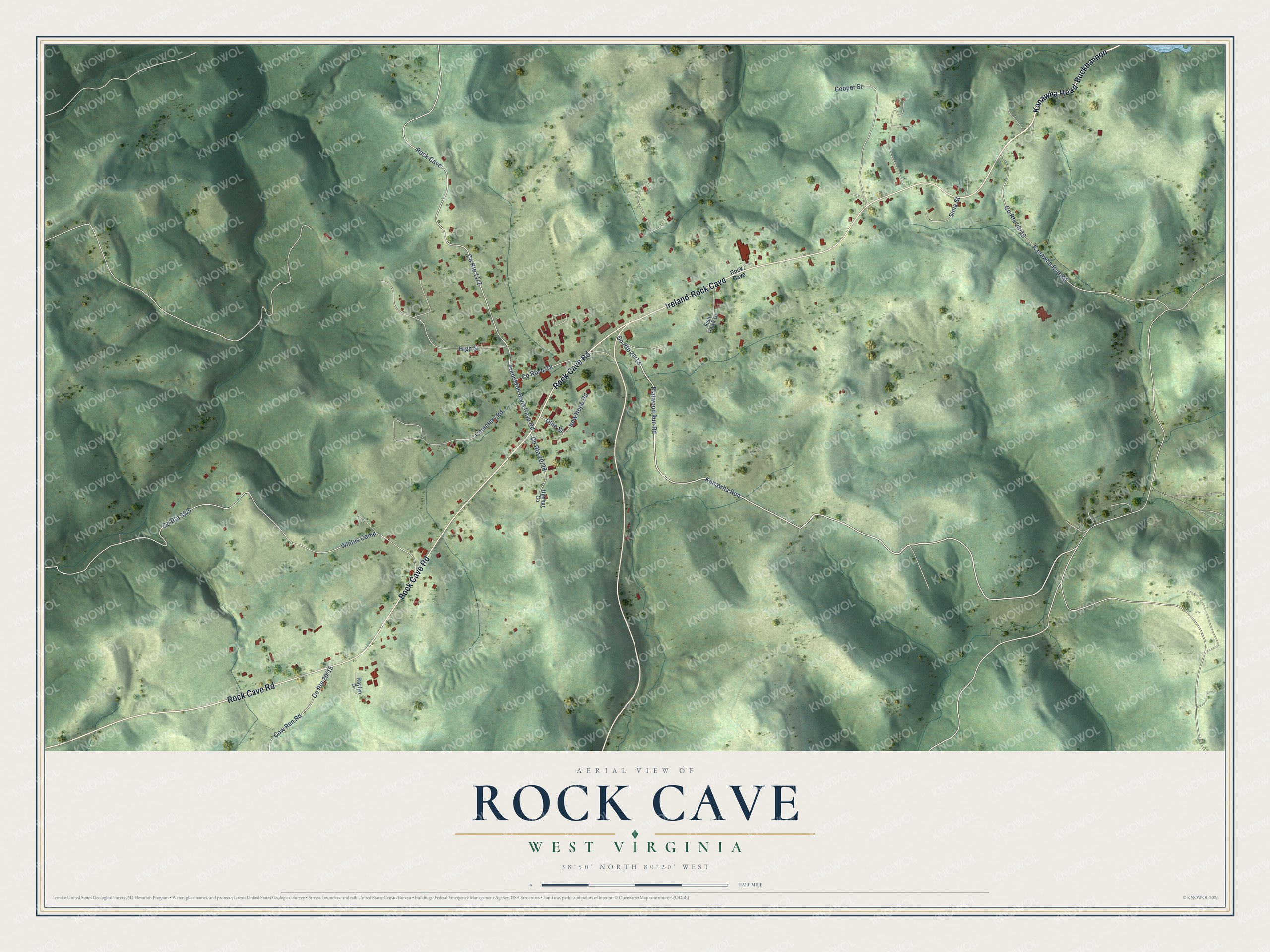 Full map of Rock Cave, West Virginia, with red buildings, printed street names and the land around them