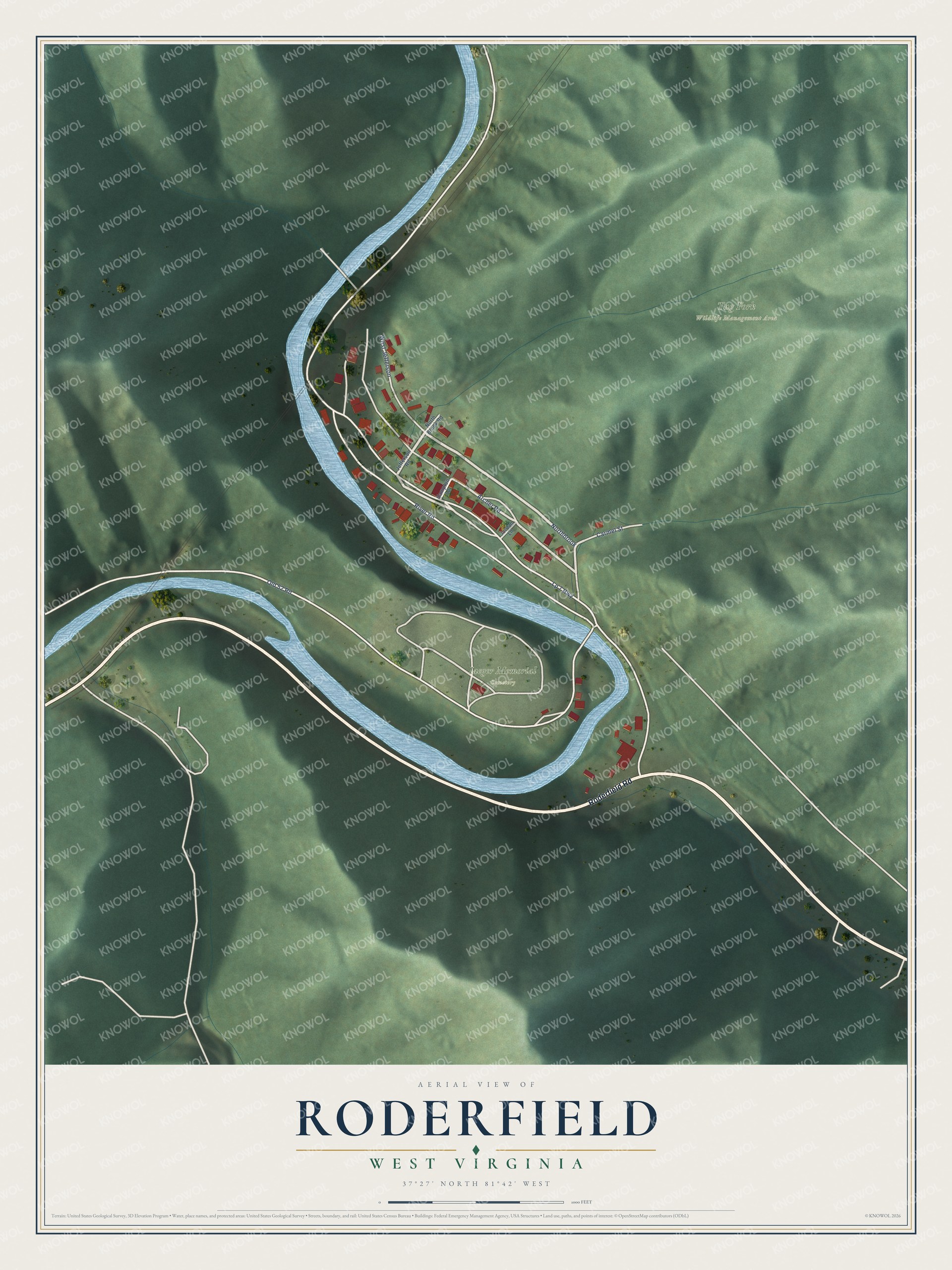 Full map of Roderfield, West Virginia, with red buildings, printed street names and the land around them