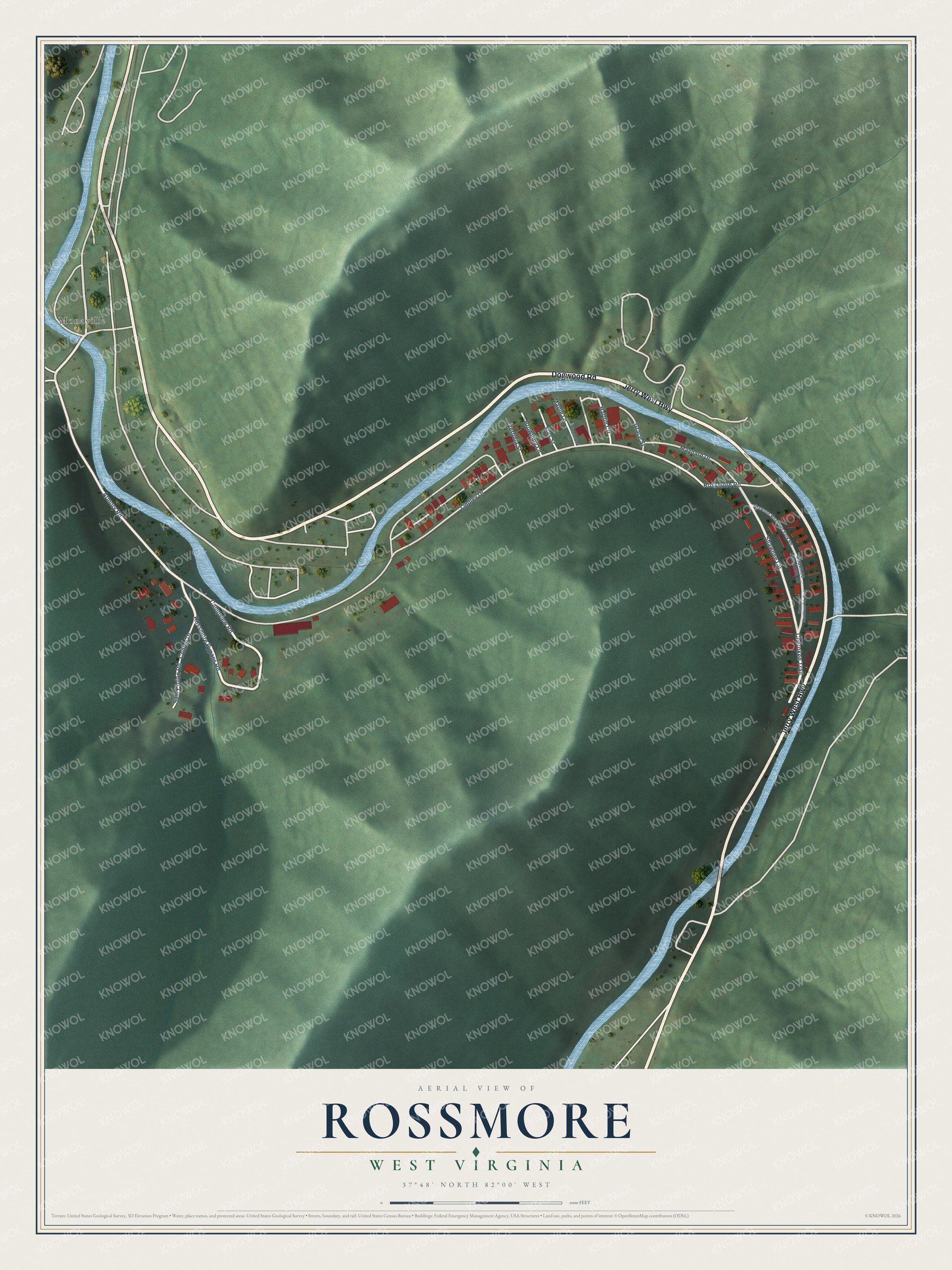 Full map of Rossmore, West Virginia, with red buildings, printed street names and the land around them