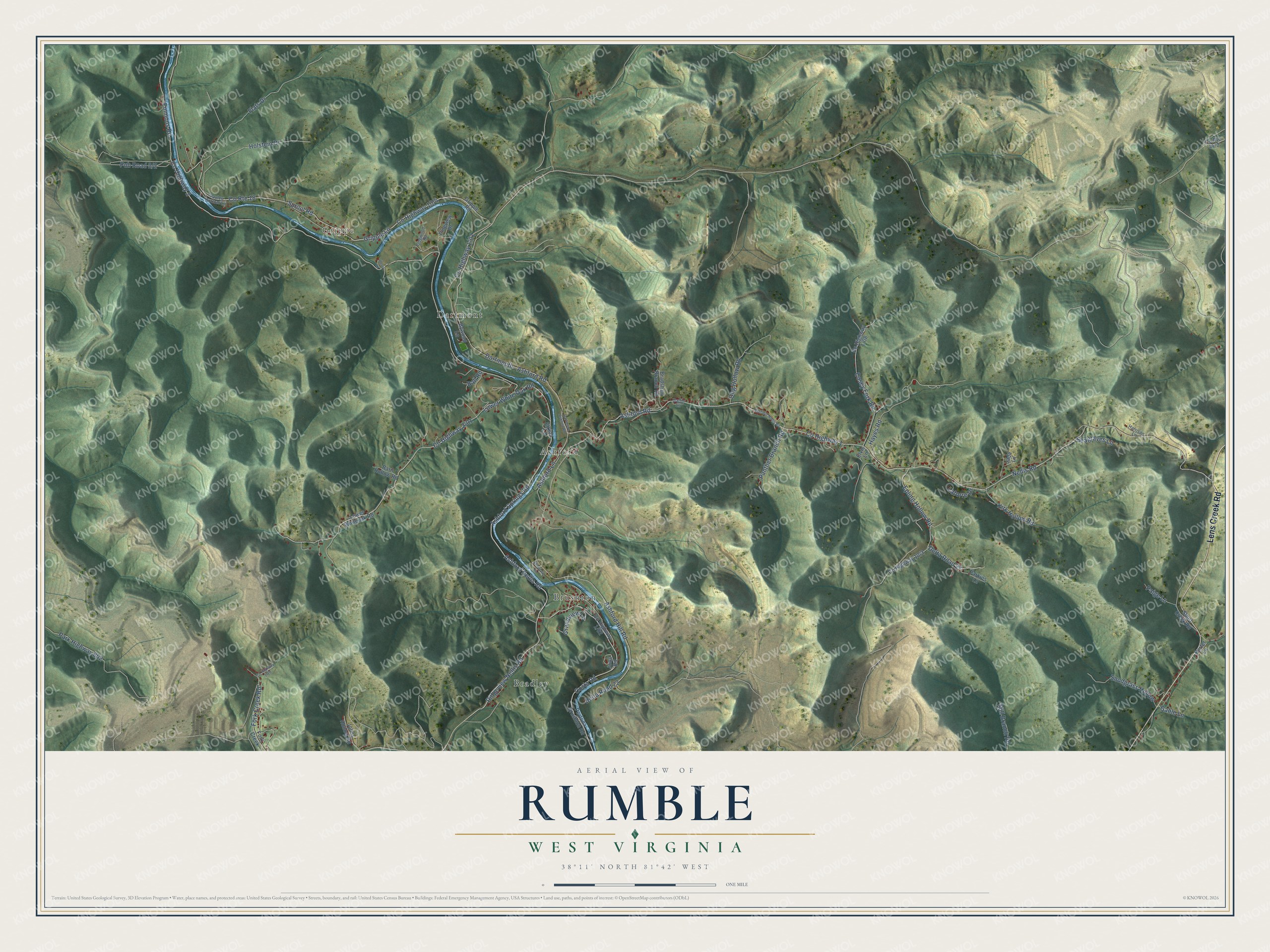 Full map of Rumble, West Virginia, with red buildings, printed street names and the land around them