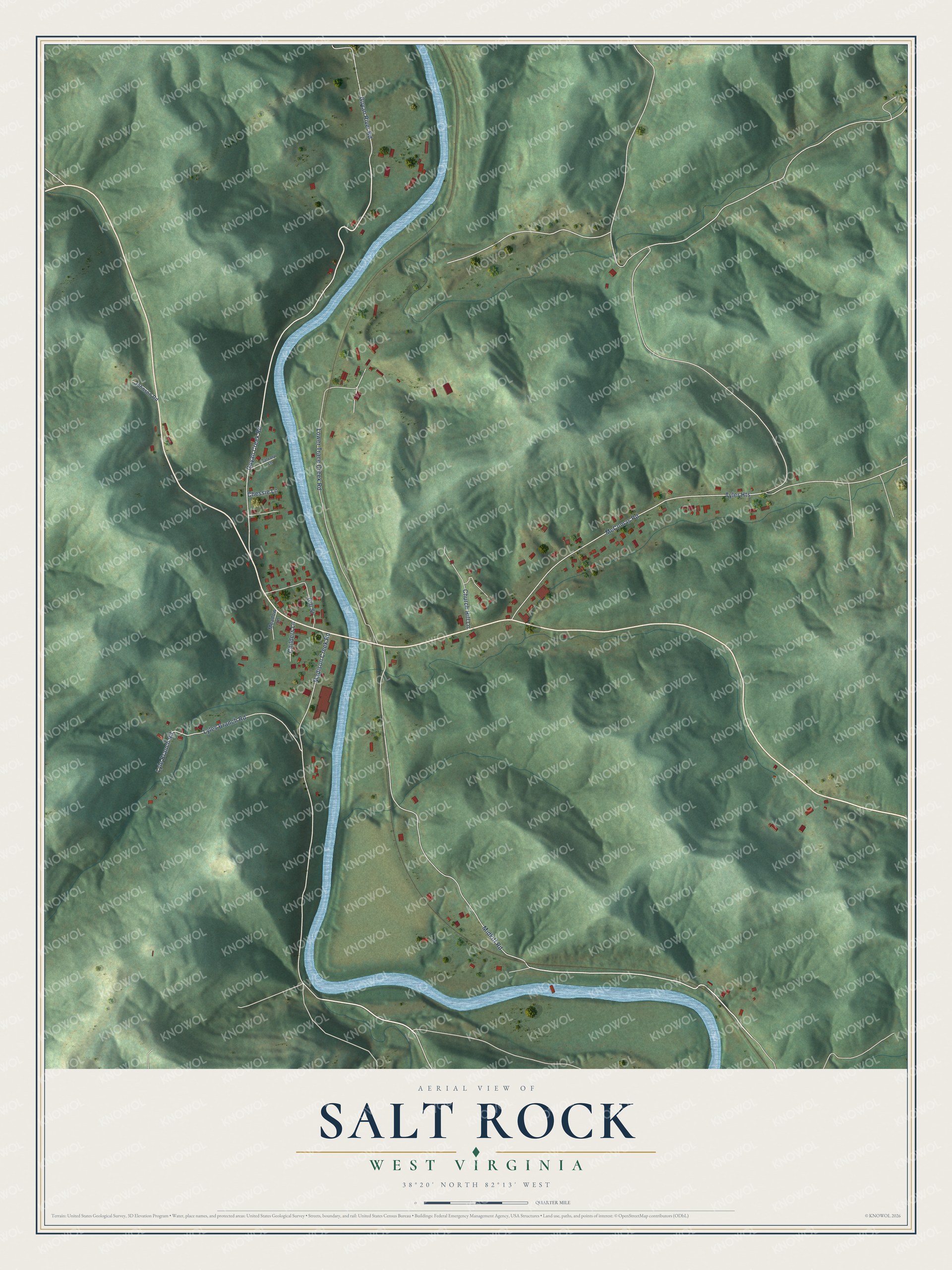 Full map of Salt Rock, West Virginia, with red buildings, printed street names and the land around them