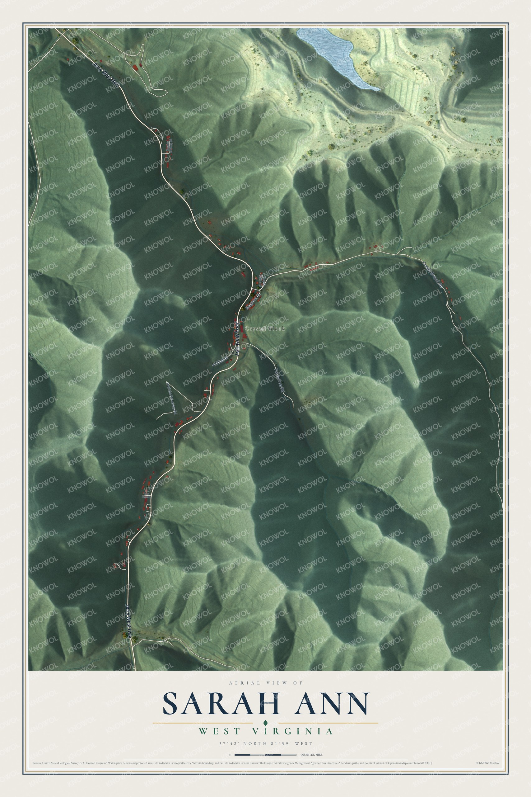 Full map of Sarah Ann, West Virginia, with red buildings, printed street names and the land around them