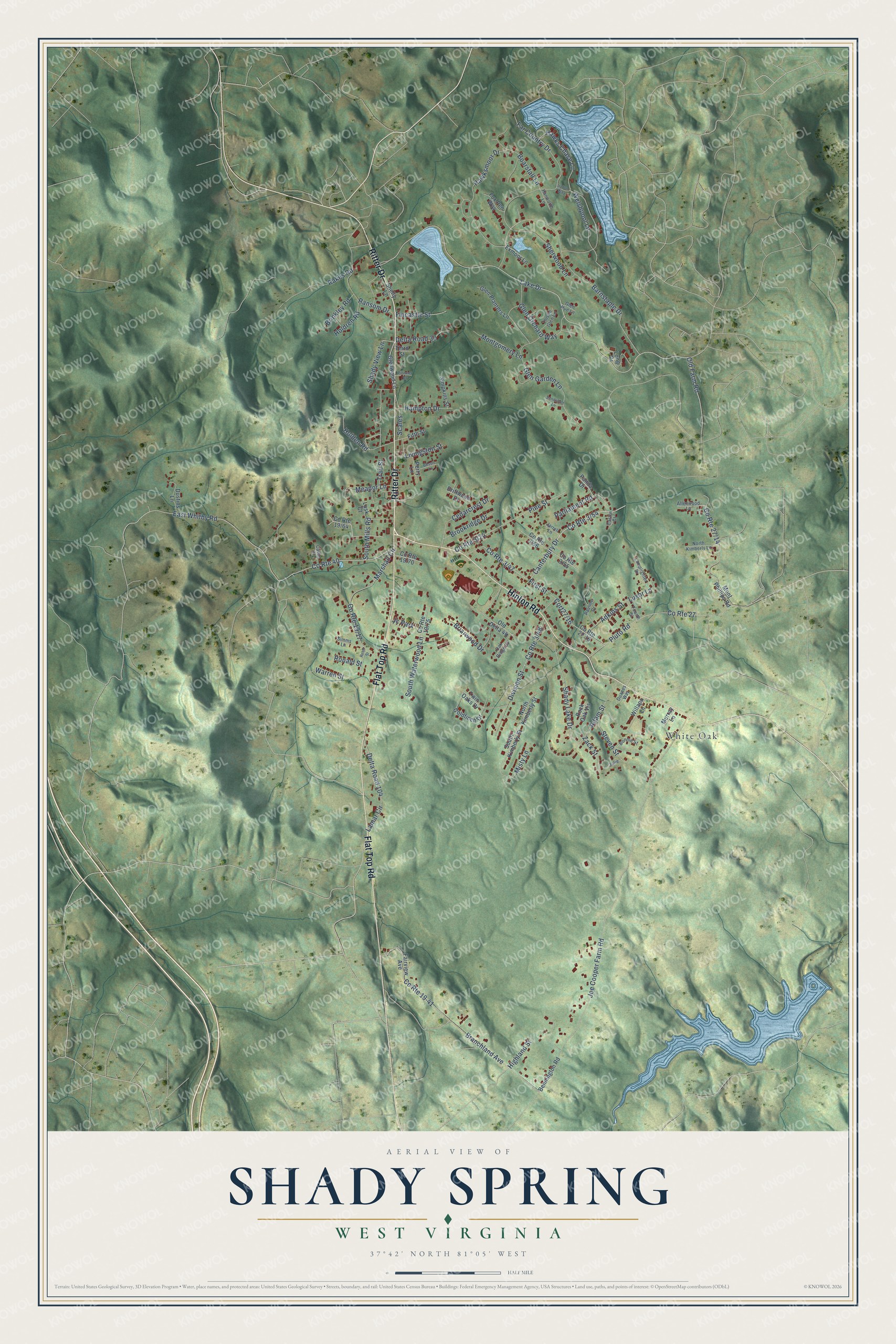 Full map of Shady Spring, West Virginia, with red buildings, printed street names and the land around them