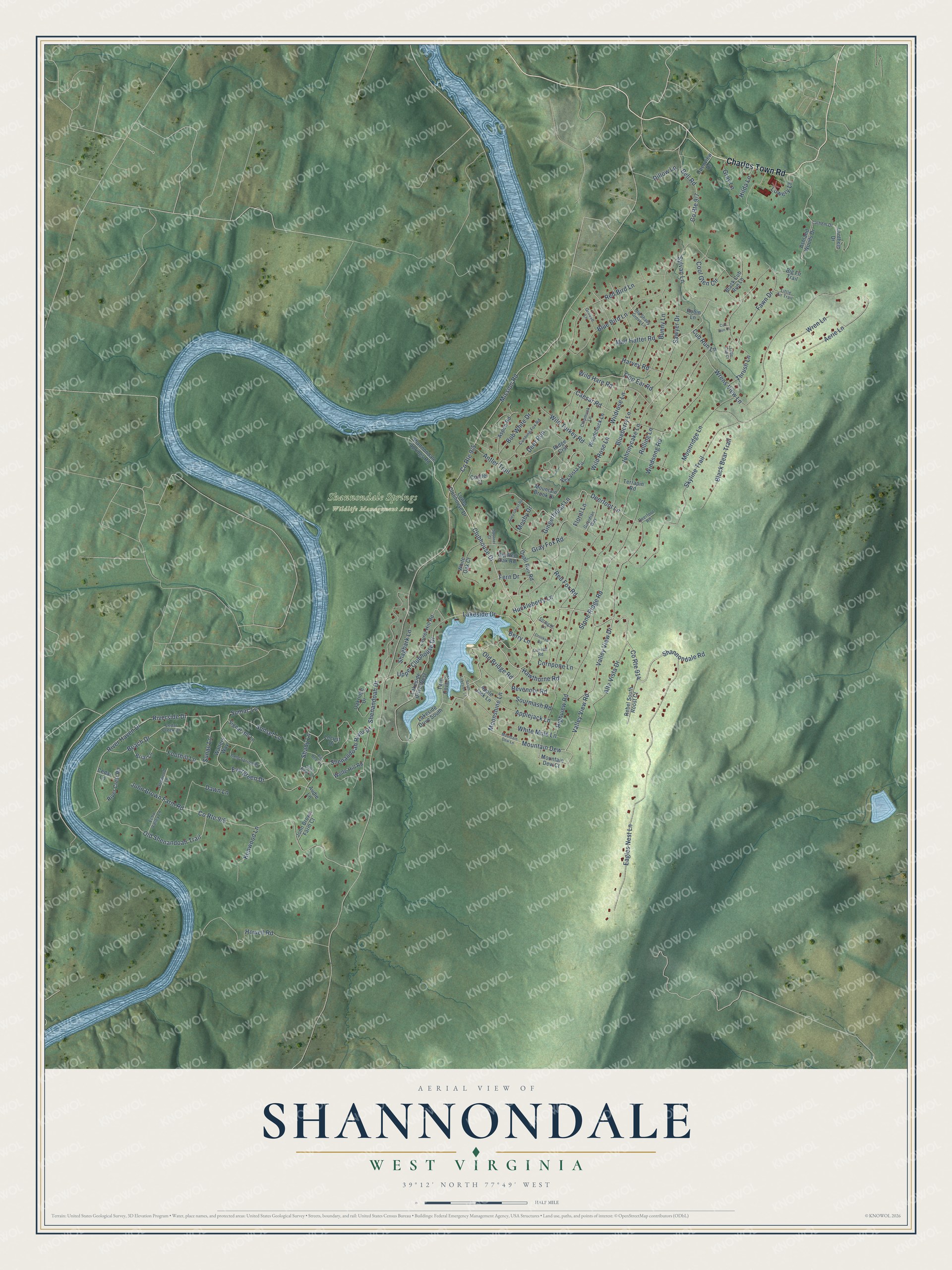Full map of Shannondale, West Virginia, with red buildings, printed street names and the land around them