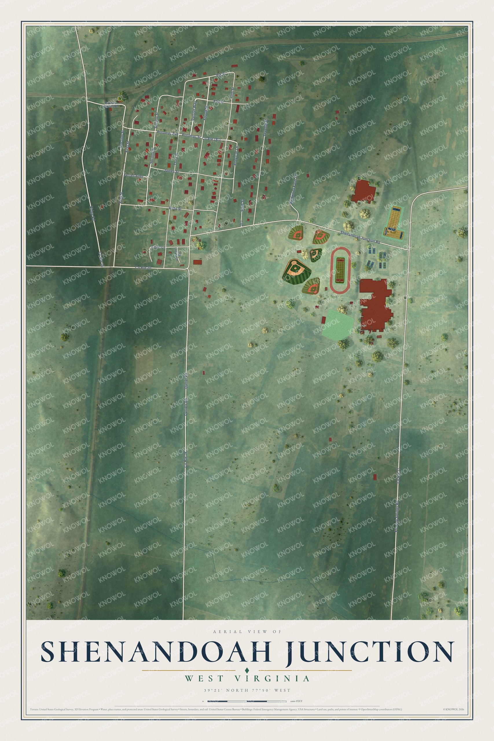 Full map of Shenandoah Junction, West Virginia, with red buildings, printed street names and the land around them