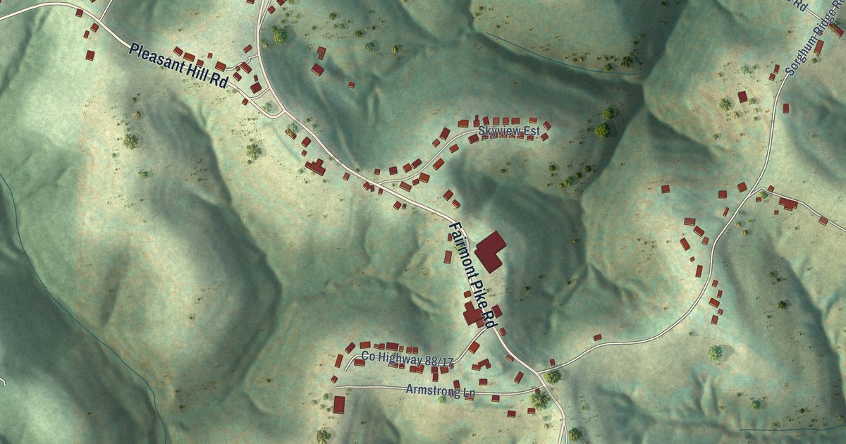 Close-up of streets and buildings in Sherrard, West Virginia