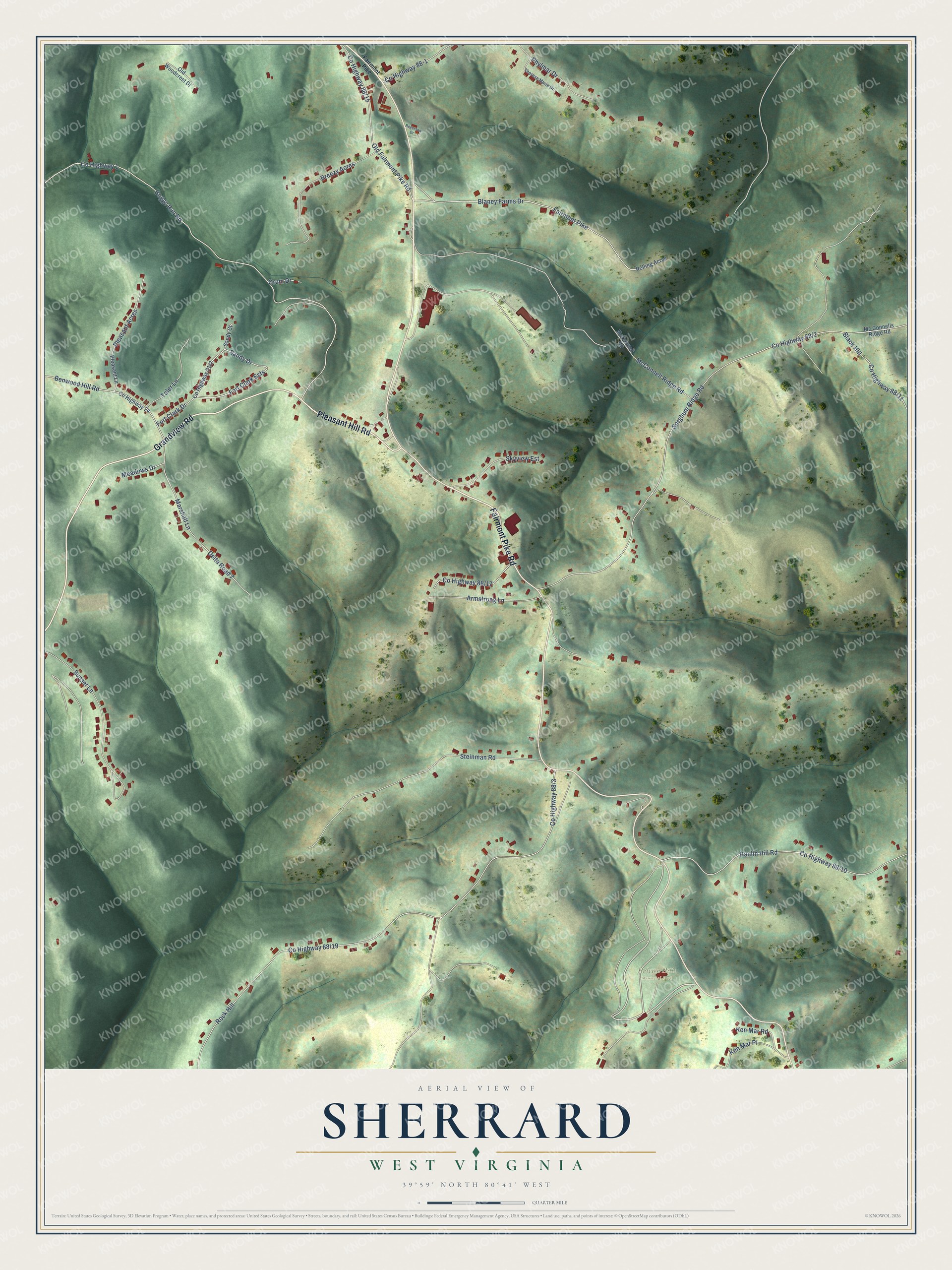 Full map of Sherrard, West Virginia, with red buildings, printed street names and the land around them