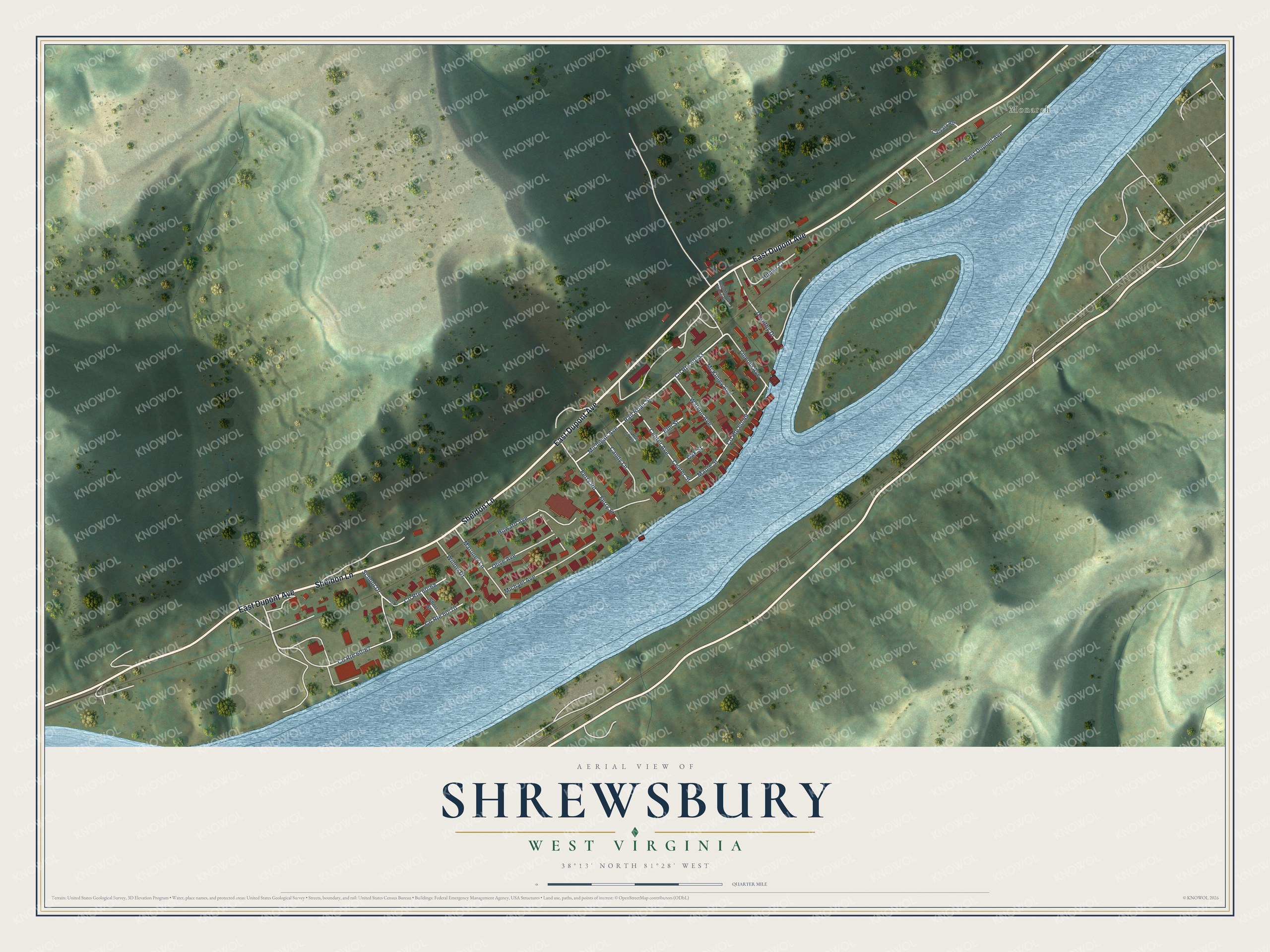 Full map of Shrewsbury, West Virginia, with red buildings, printed street names and the land around them