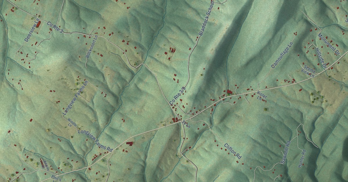 Close-up of streets and buildings in Slanesville, West Virginia