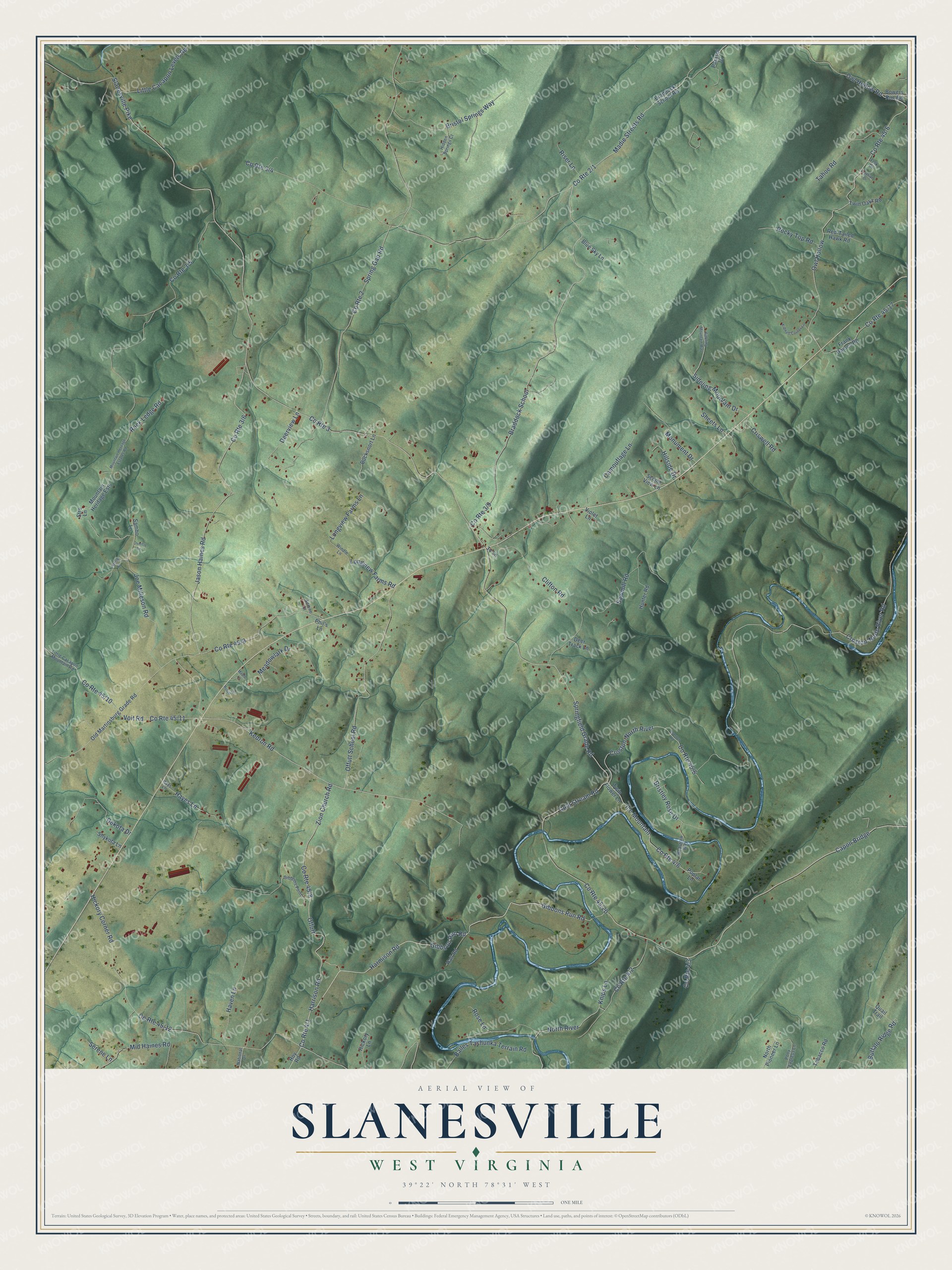 Full map of Slanesville, West Virginia, with red buildings, printed street names and the land around them