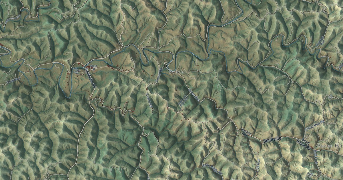Close-up of streets and buildings in Smithville, West Virginia