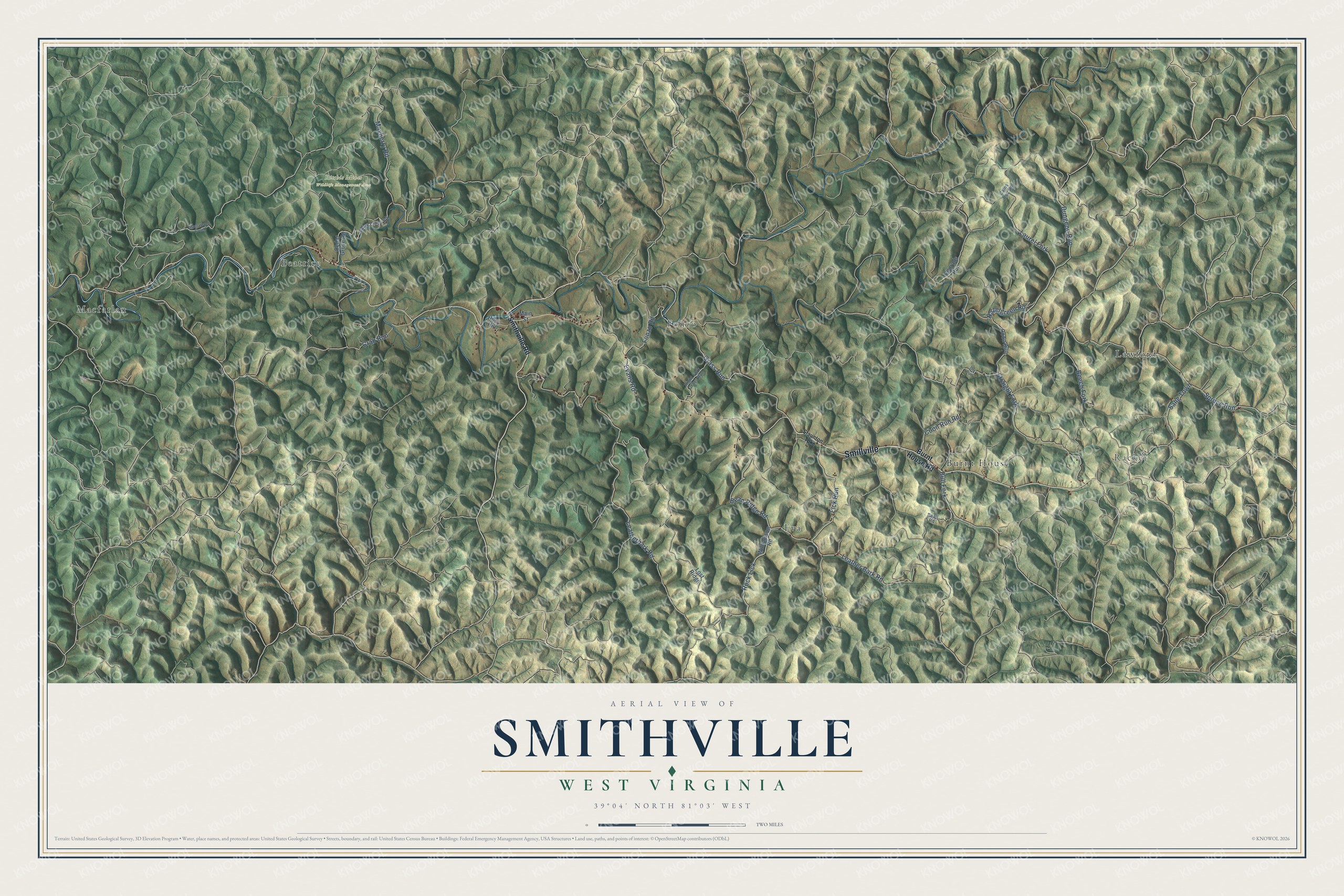 Full map of Smithville, West Virginia, with red buildings, printed street names and the land around them