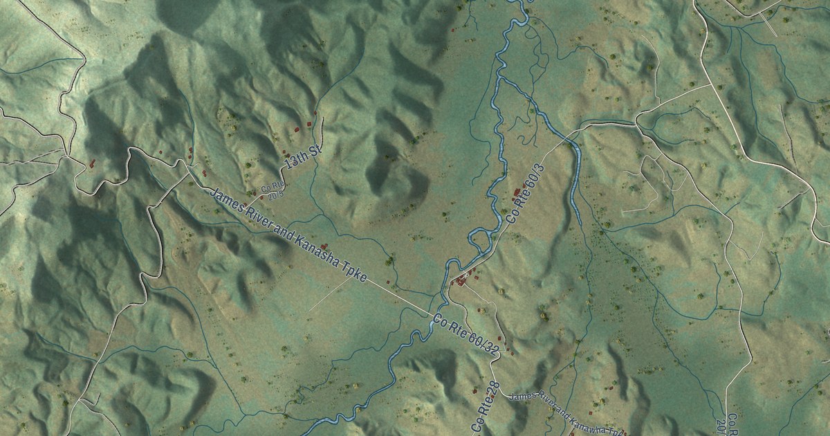 Close-up of streets and buildings in Smoot, West Virginia