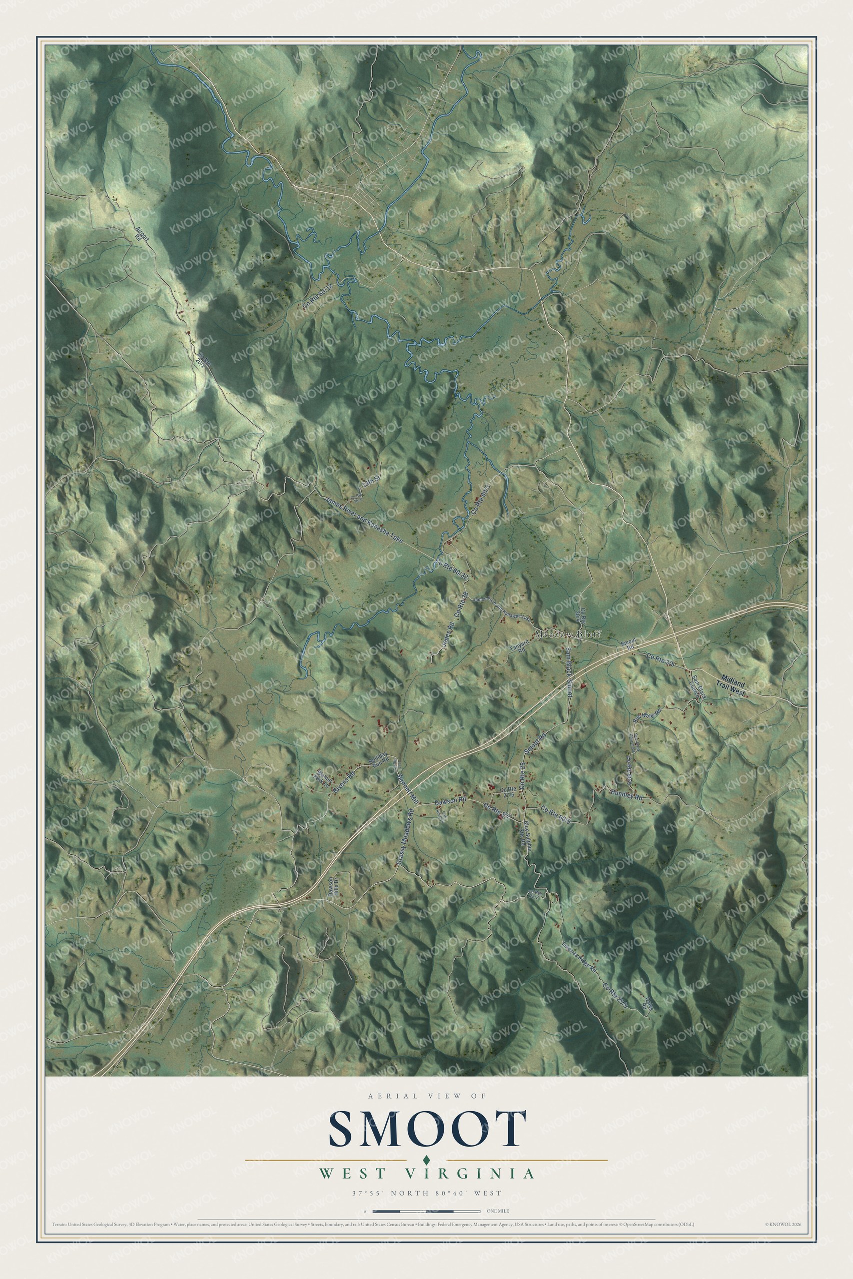 Full map of Smoot, West Virginia, with red buildings, printed street names and the land around them
