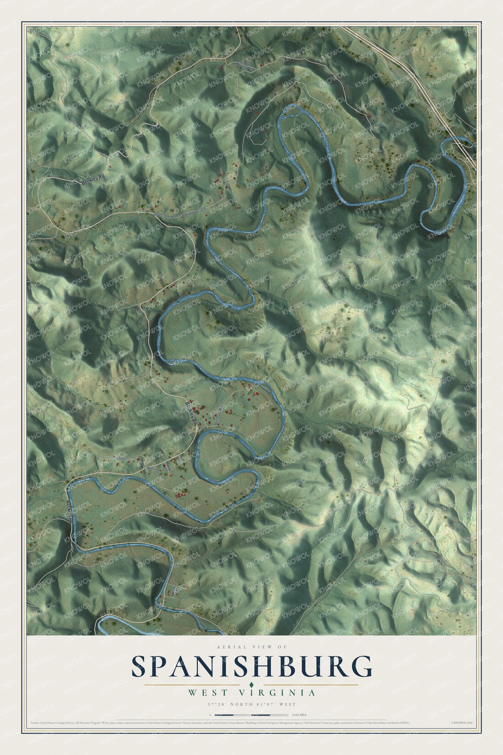 Full map of Spanishburg, West Virginia, with red buildings, printed street names and the land around them