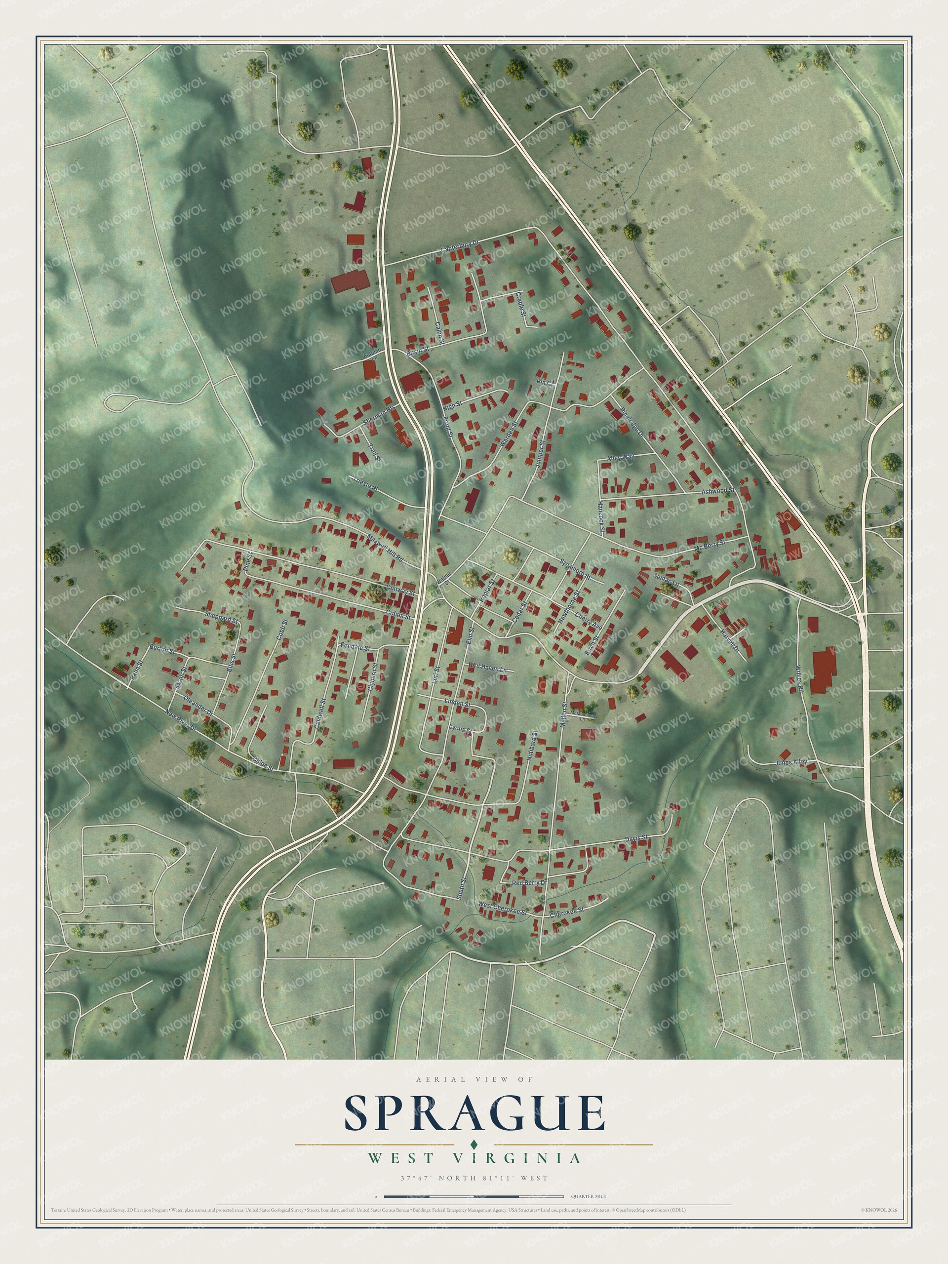 Full map of Sprague, West Virginia, with red buildings, printed street names and the land around them