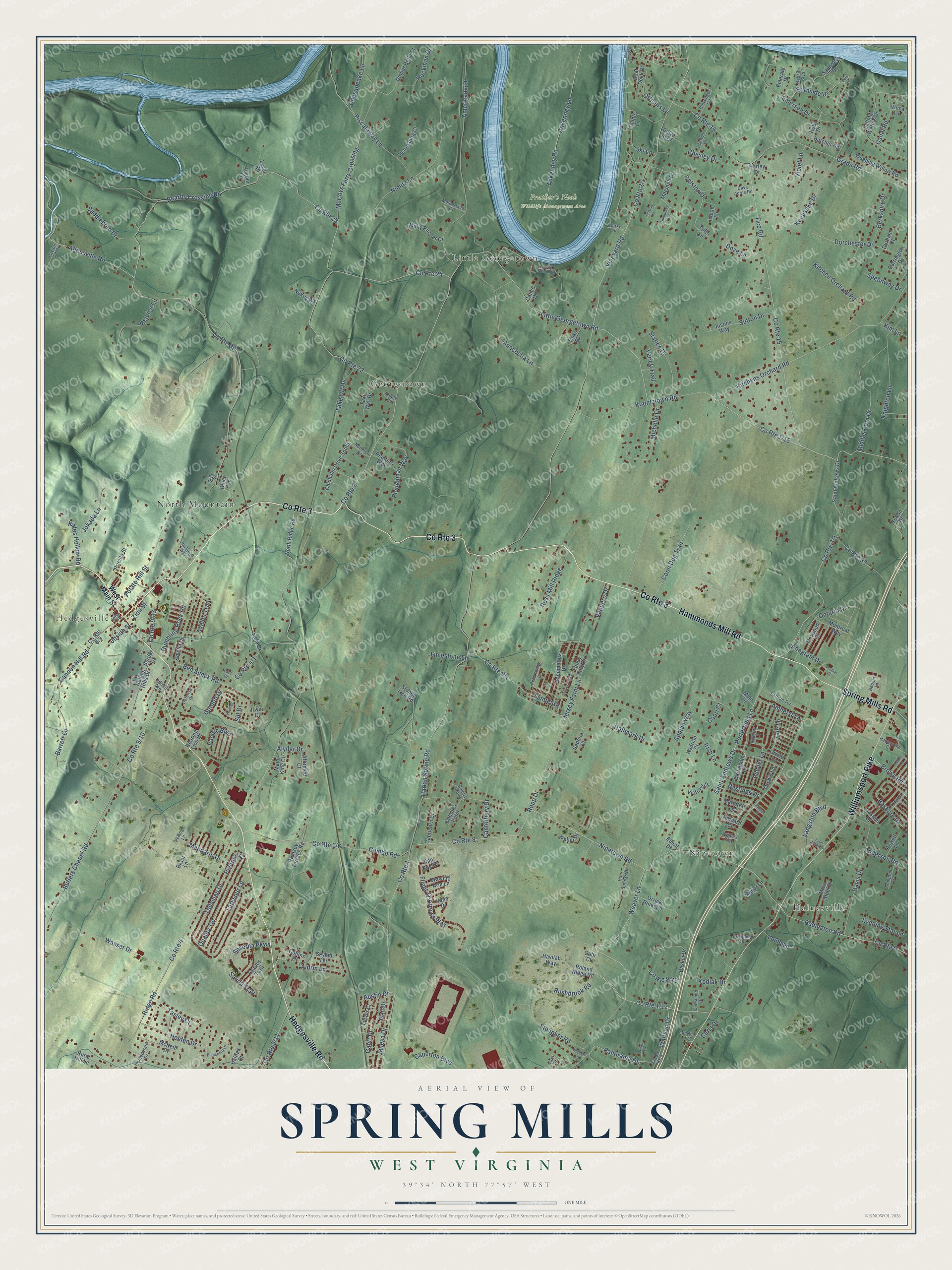 Full map of Spring Mills, West Virginia, with red buildings, printed street names and the land around them